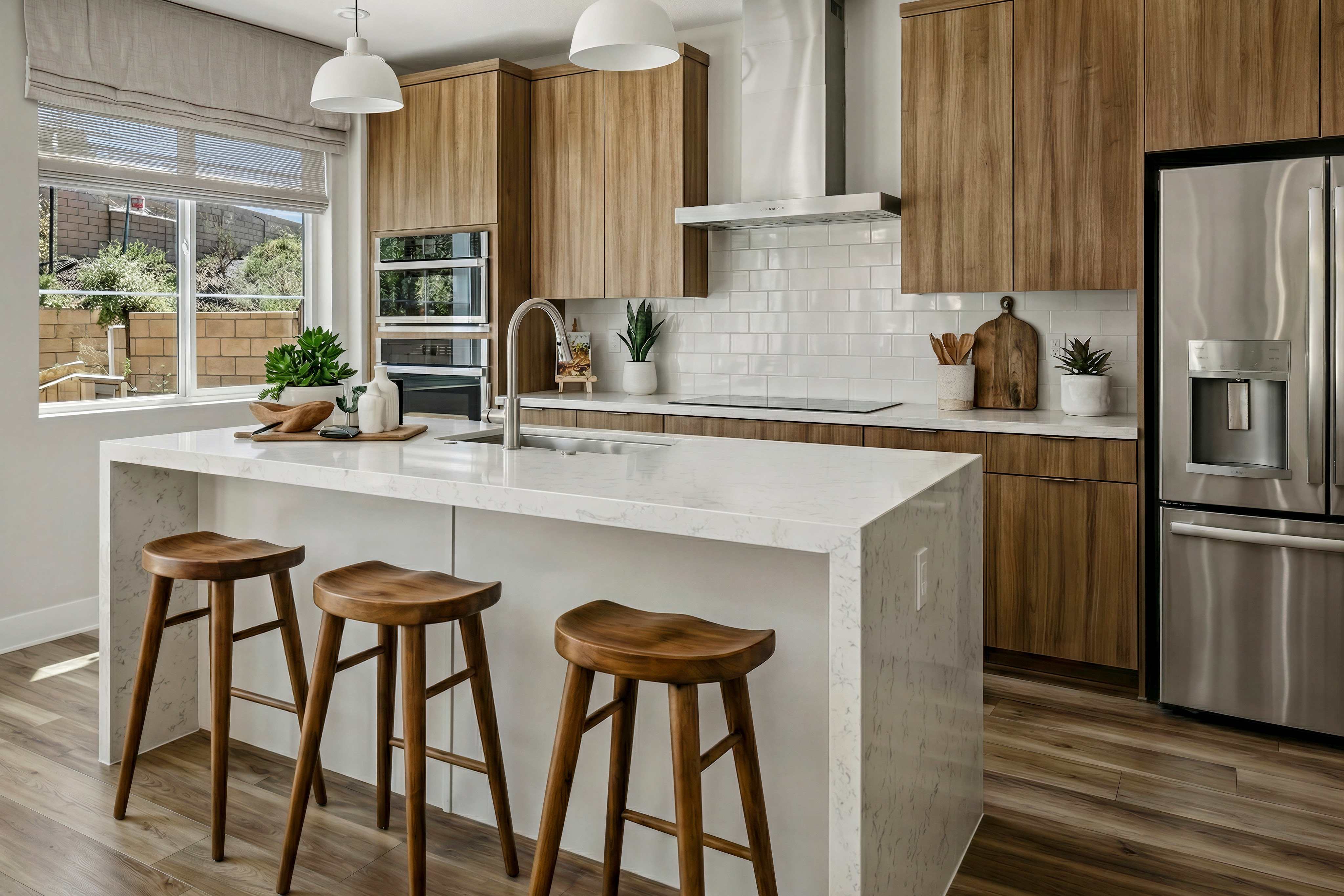 A modern and well-designed kitchen with a white island, wooden cabinets, and pendant lights, set against a backdrop of large windows and a cozy atmosphere.