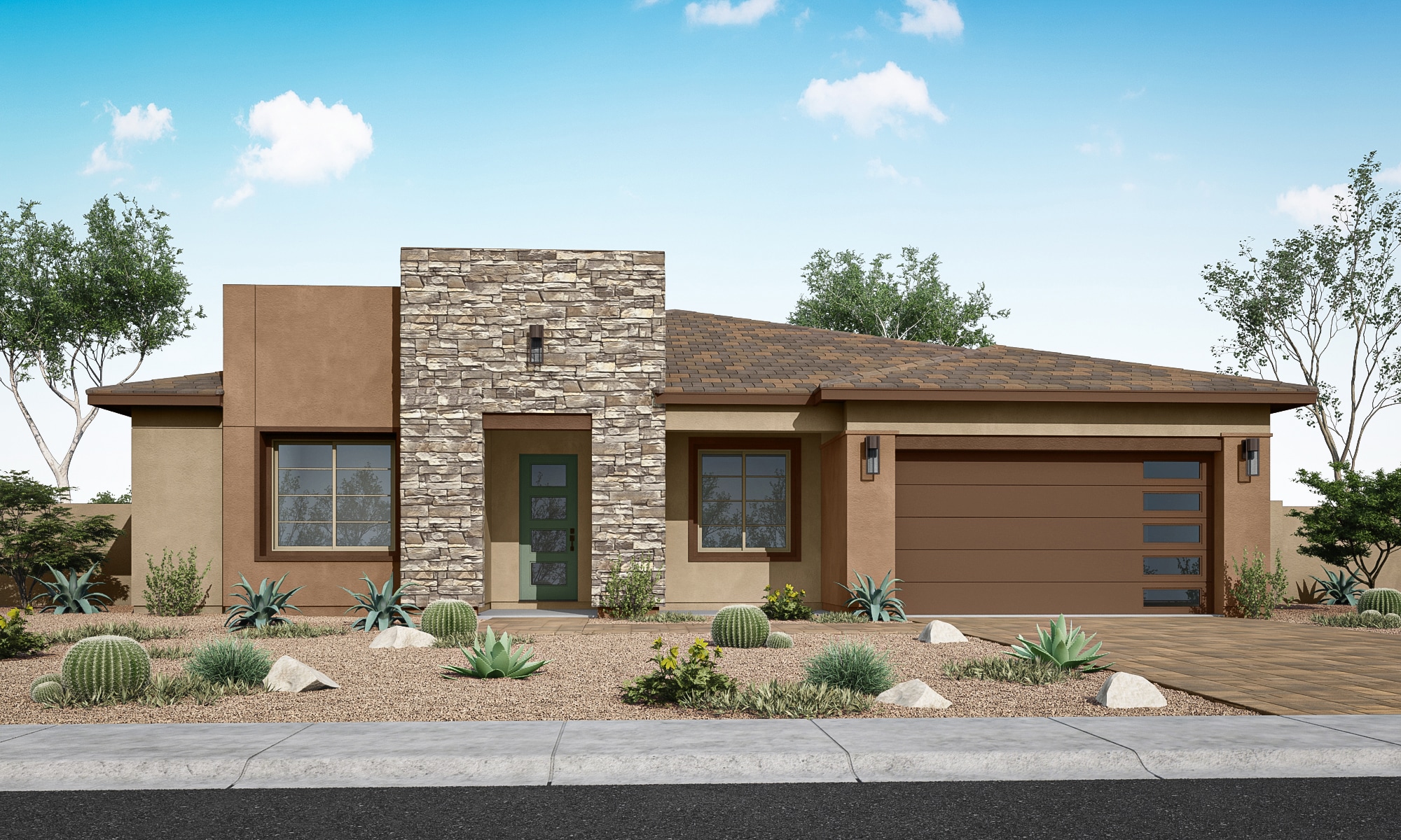 A modern single-story house with a stone facade, surrounded by desert landscaping and a clear blue sky in the background.