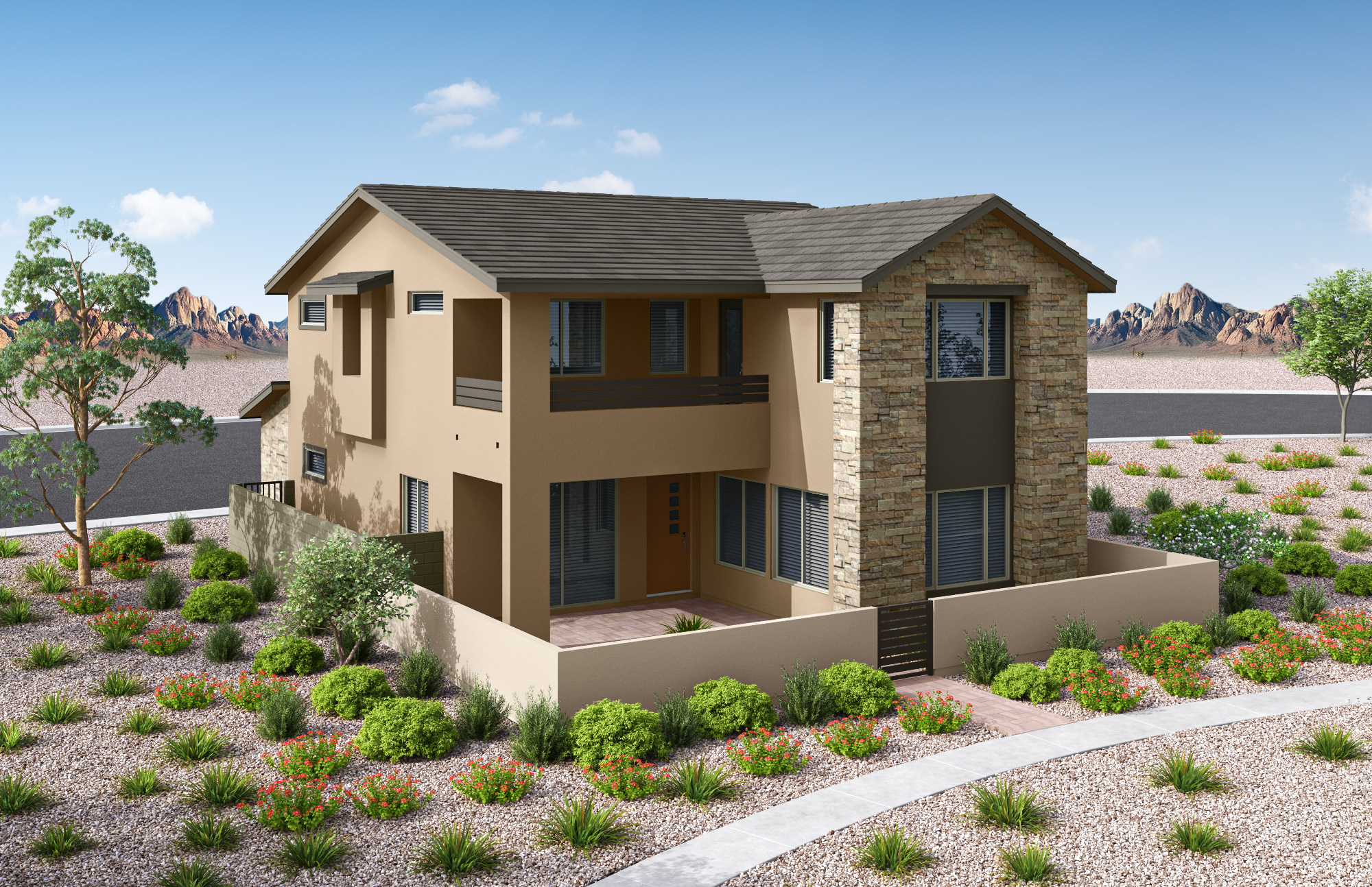 A modern two-story house with stone accents sits in a landscaped yard with desert vegetation, against a backdrop of mountains under a cloudy sky.