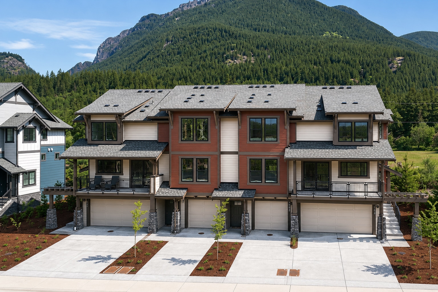 A row of modern townhouses with attached garages sits in the foreground, backed by a lush, tree-covered mountain under a clear blue sky.