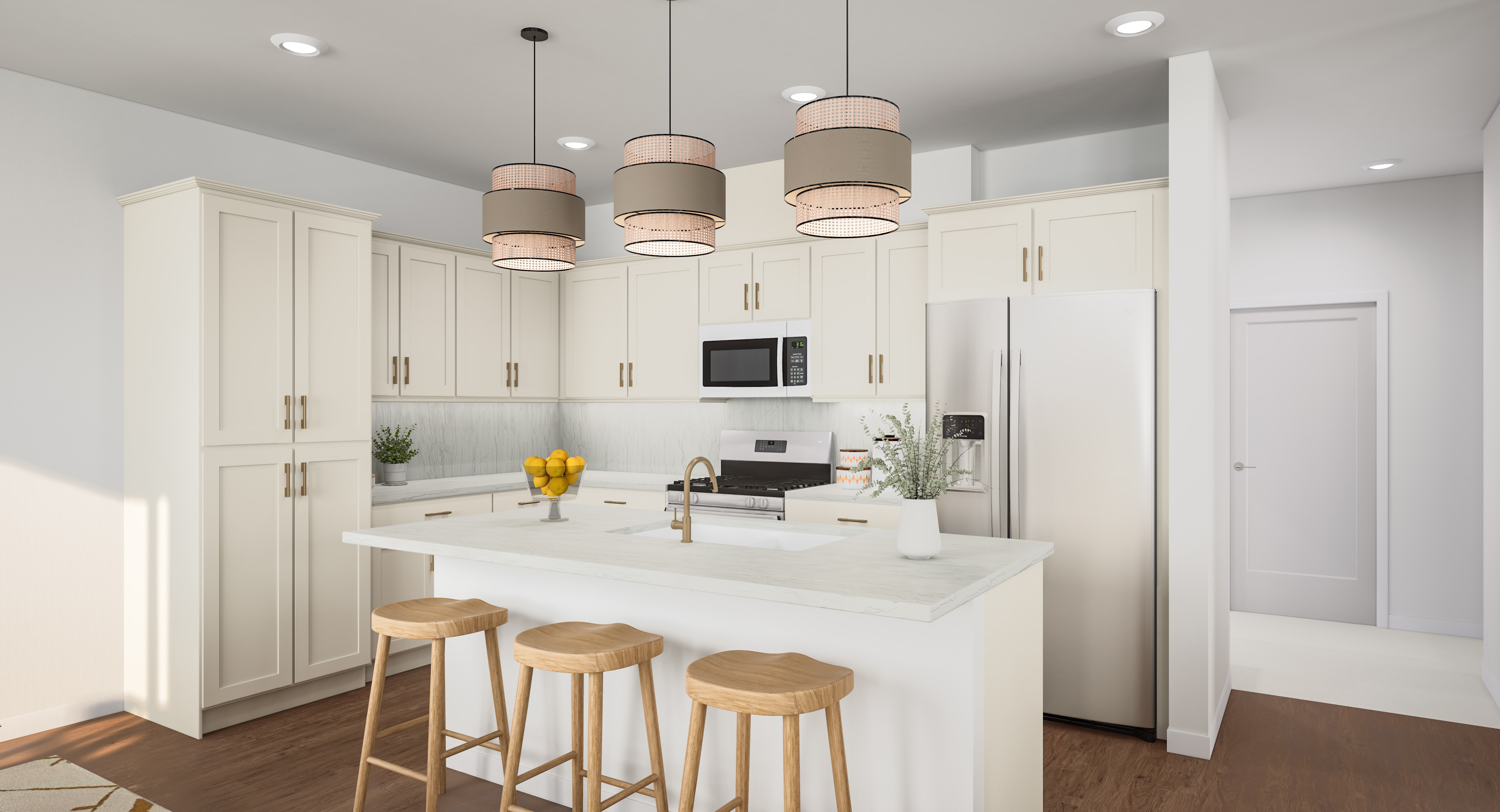 A modern kitchen with a white island and three wooden stools in the foreground, and cream-colored cabinets, stainless steel appliances, and a white door in the background.