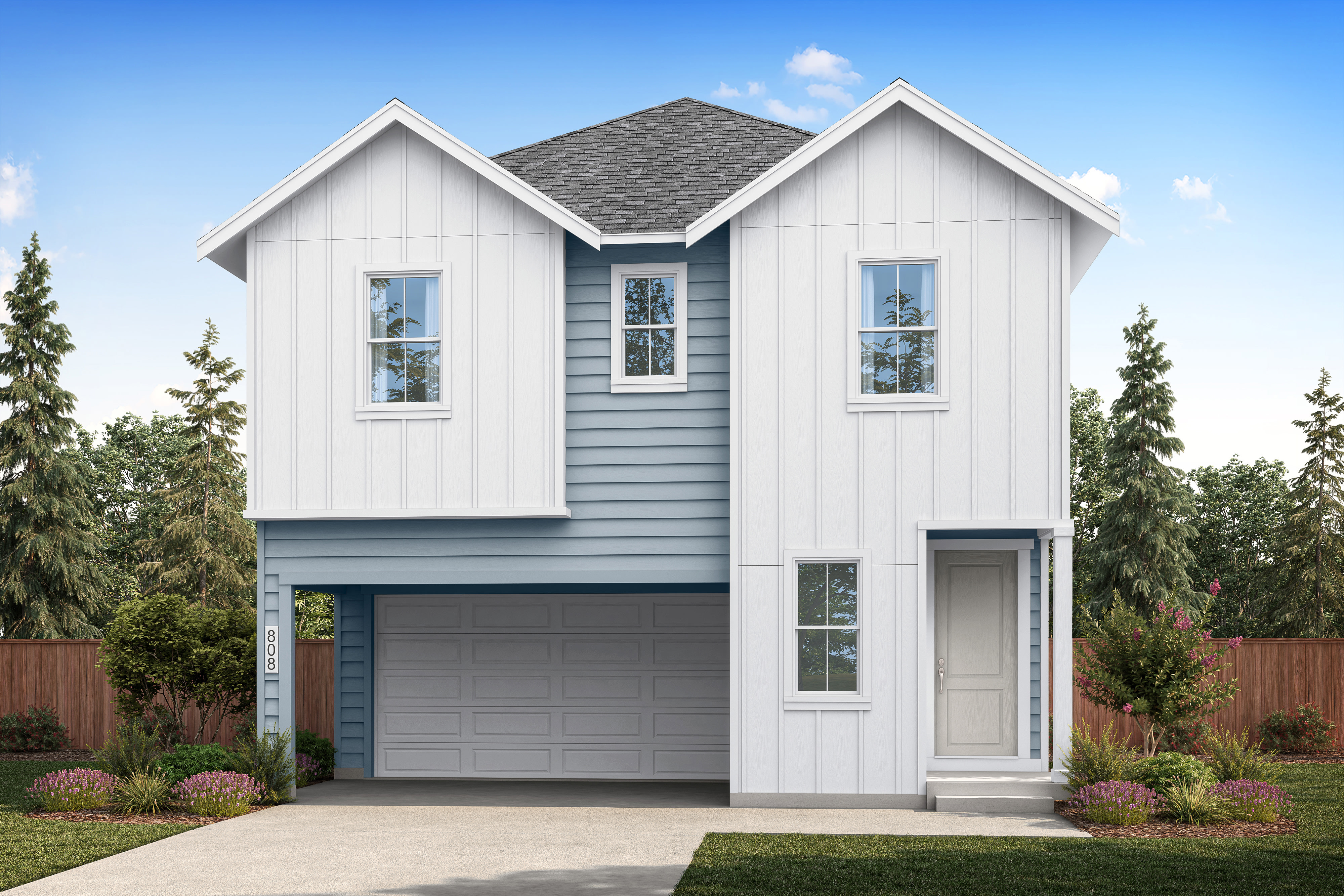 A modern two-story house with a white and blue exterior and a two-car garage sits in front of a backdrop of lush green trees under a clear blue sky.