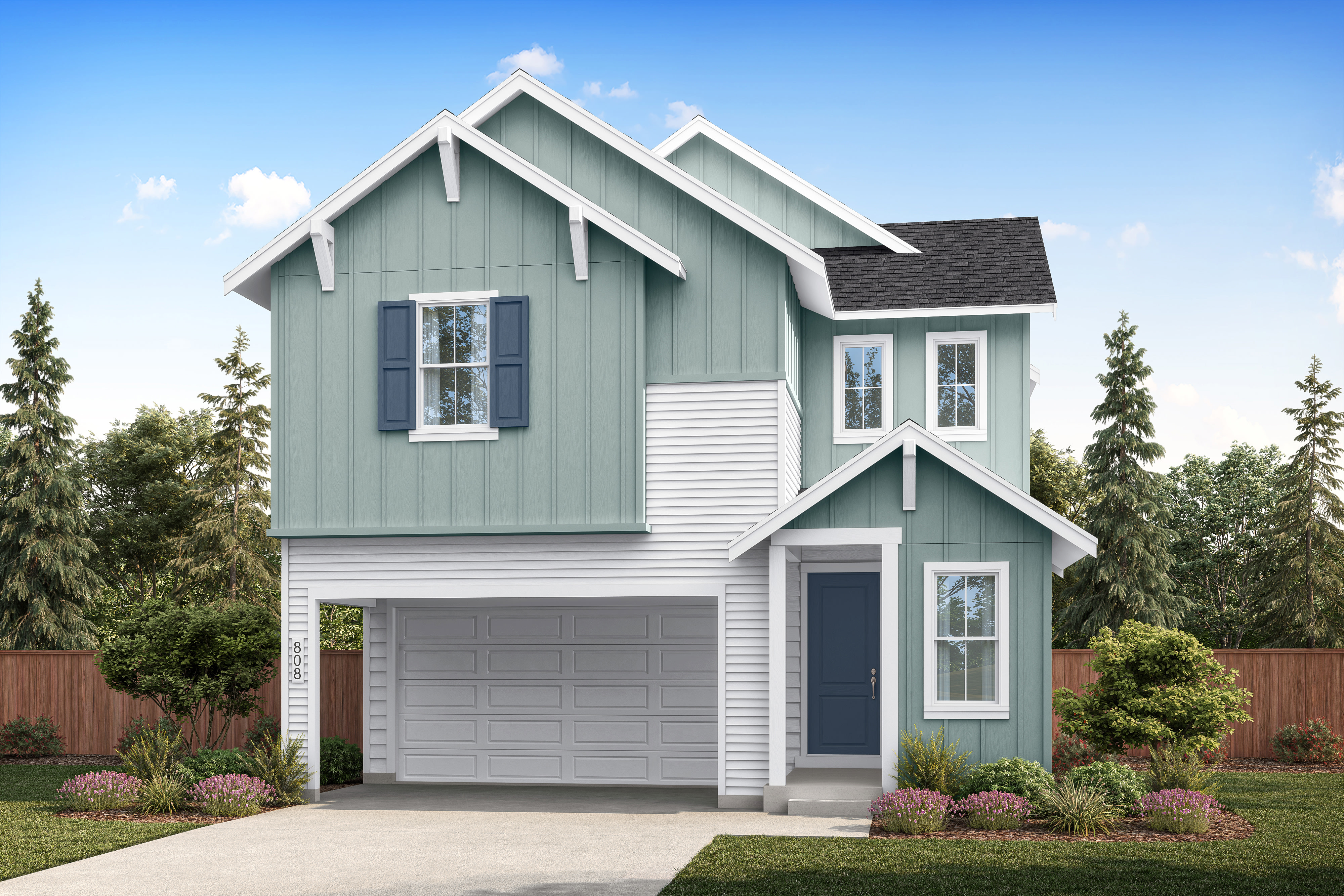 A modern two-story house with a light blue and white exterior, a two-car garage, and a blue front door stands in the foreground, while a backdrop of lush green trees and a bright blue sky with scattered clouds fills the background.