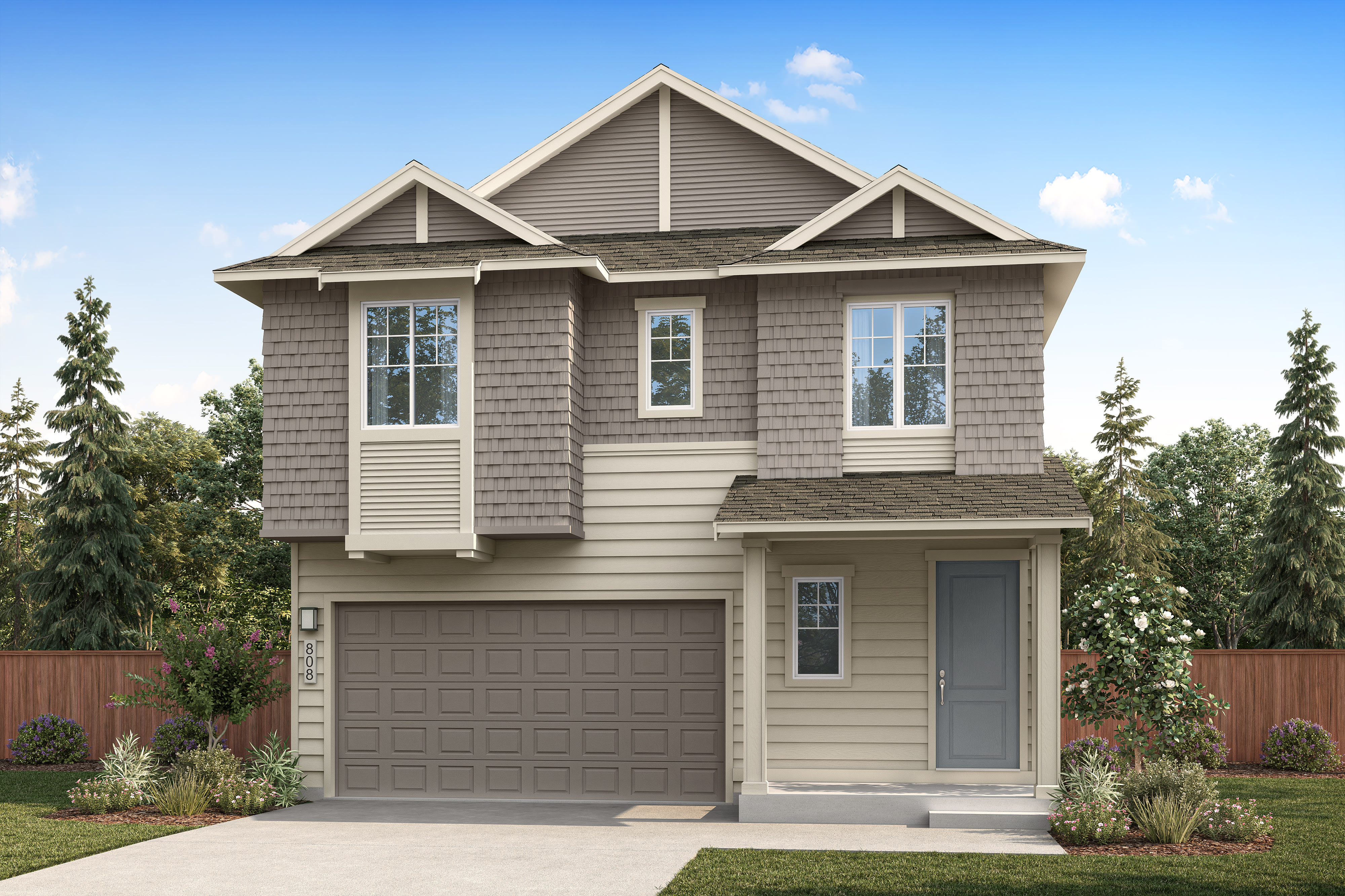 A modern two-story house with a beige and brown exterior and a gray garage door stands in front of a backdrop of lush green trees and a clear blue sky.