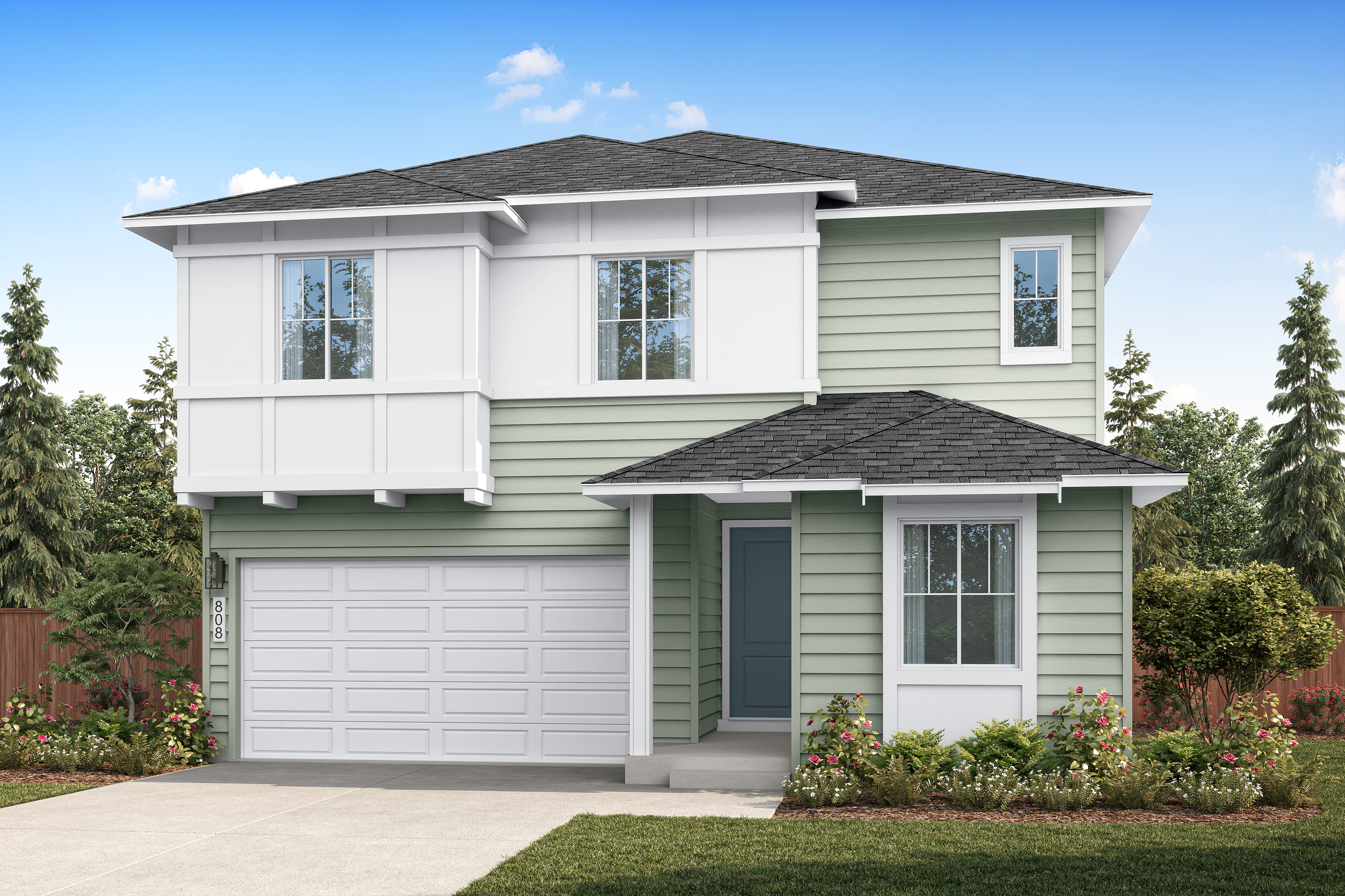 A light green two-story house with a white garage door and white trim sits on a manicured lawn with trees and a blue sky in the background.