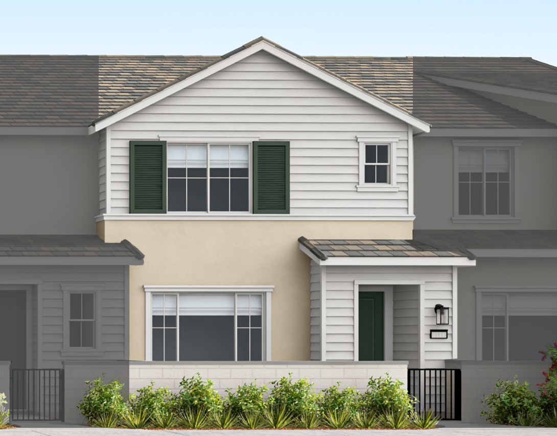 A light-colored townhouse with dark green shutters and a covered porch stands in the foreground, while muted, adjacent townhouses fade into the background.