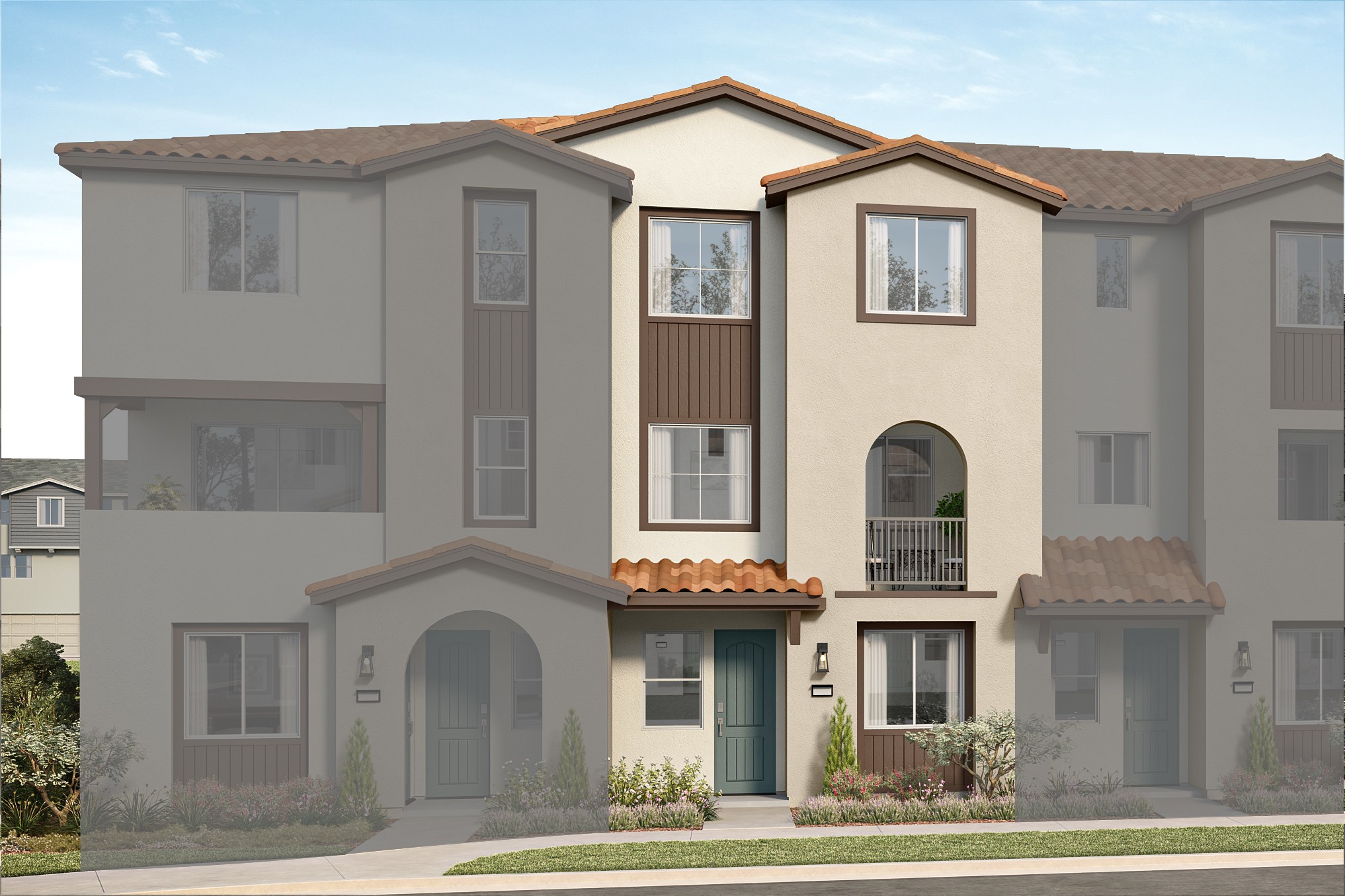 A light-colored townhouse with brown trim and a teal door stands out in the foreground against a backdrop of similar, faded townhouses under a pale sky.