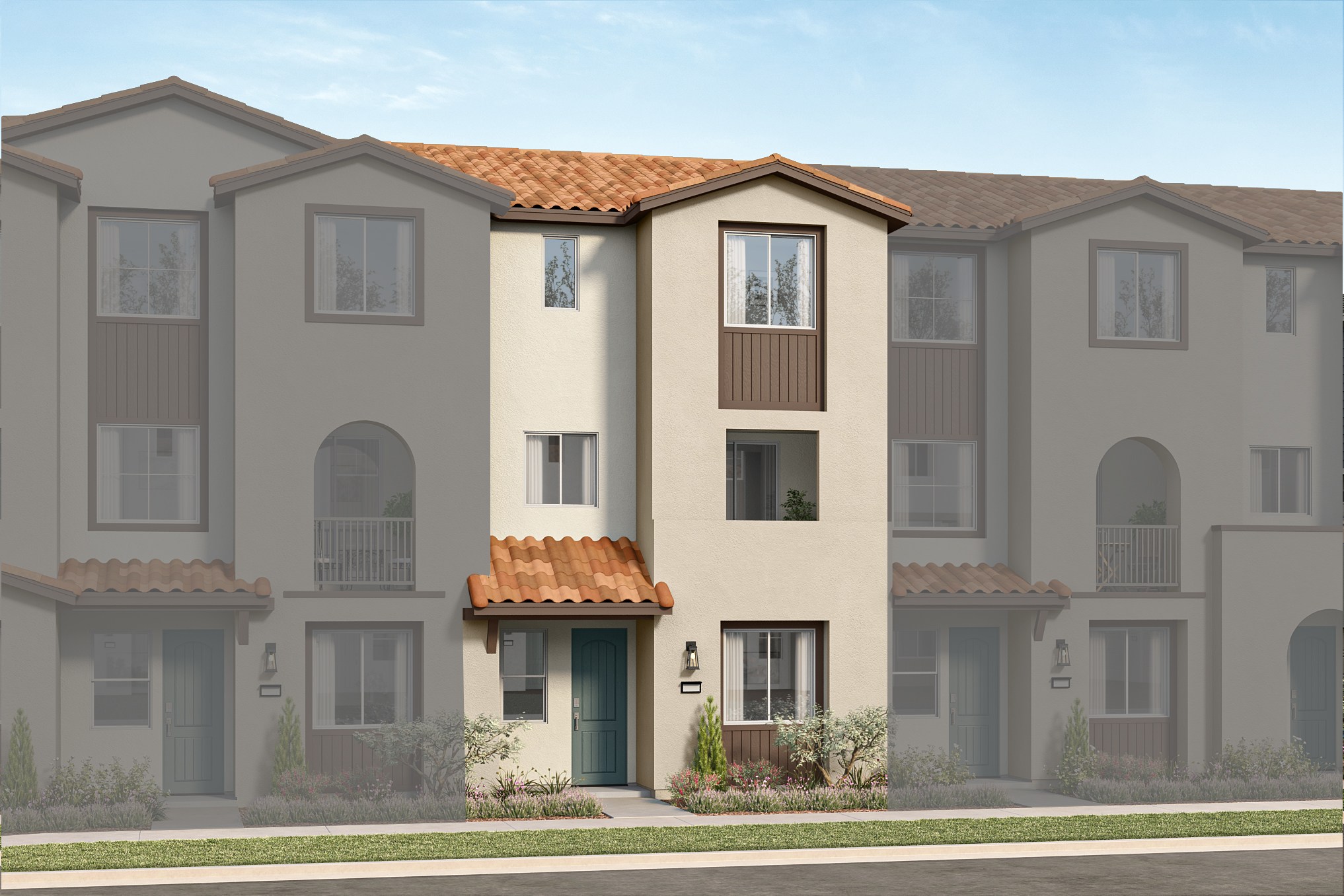 A light-colored, three-story townhouse with a terracotta roof stands prominently in the foreground, flanked by muted, identical townhouses in the background under a pale sky.