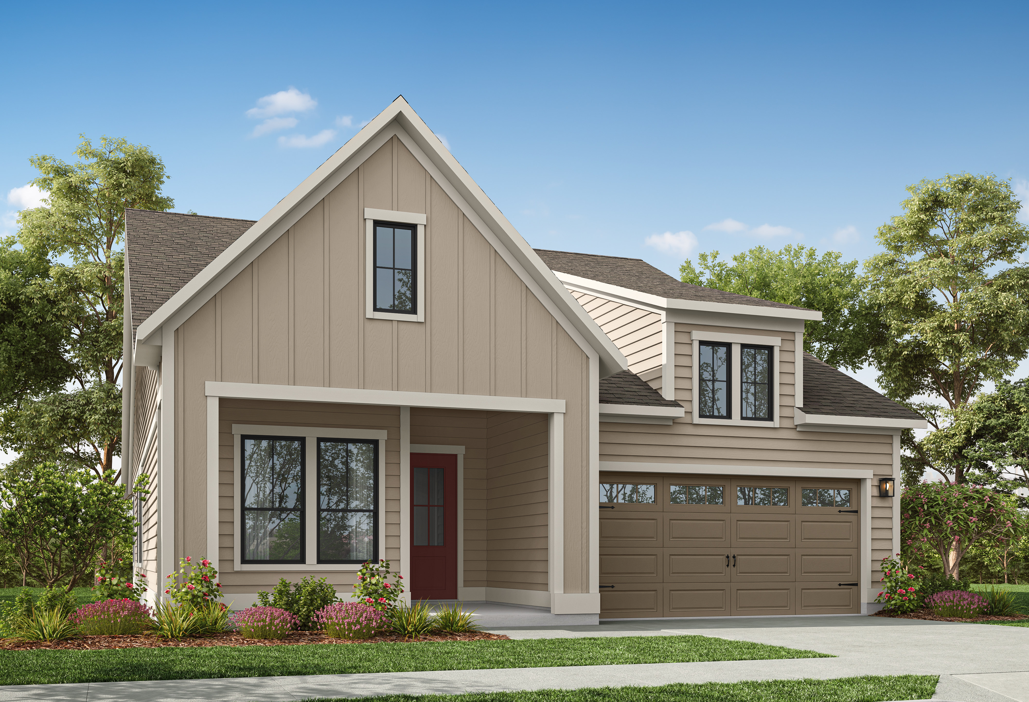 A tan-colored house with a red front door and a two-car garage sits in front of a clear blue sky with scattered trees.