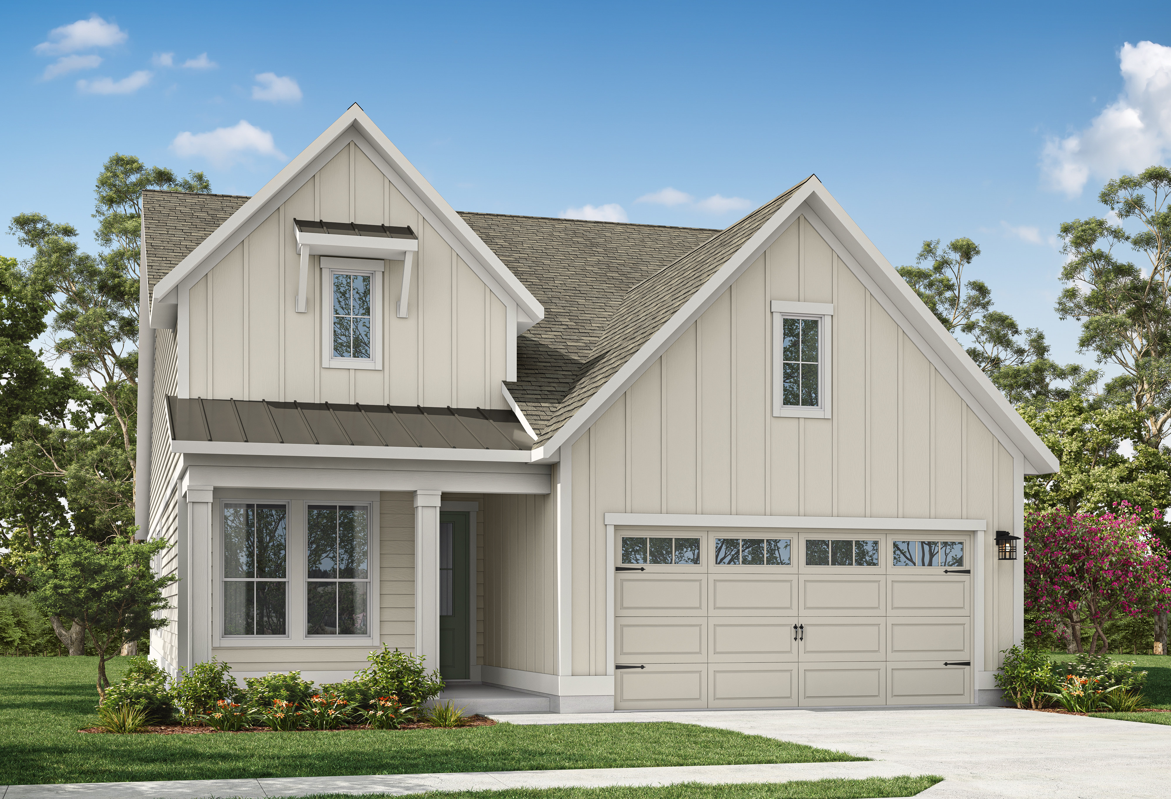 A modern farmhouse-style house with a light-colored exterior and a two-car garage sits on a manicured lawn with trees and a blue sky in the background.