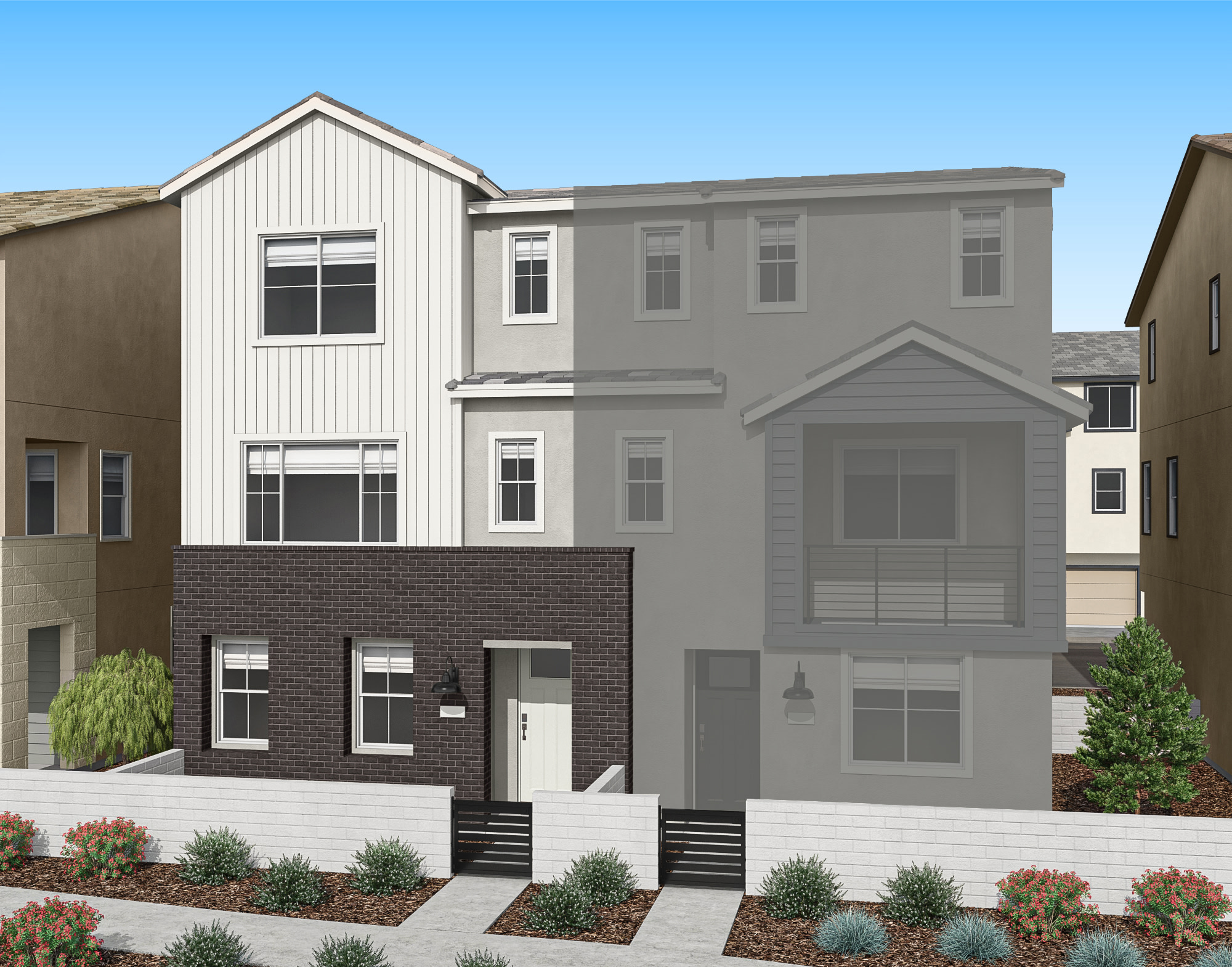 A modern townhouse with a dark brick lower level and white siding stands in the foreground, while other similar townhouses are visible in the background under a clear sky.
