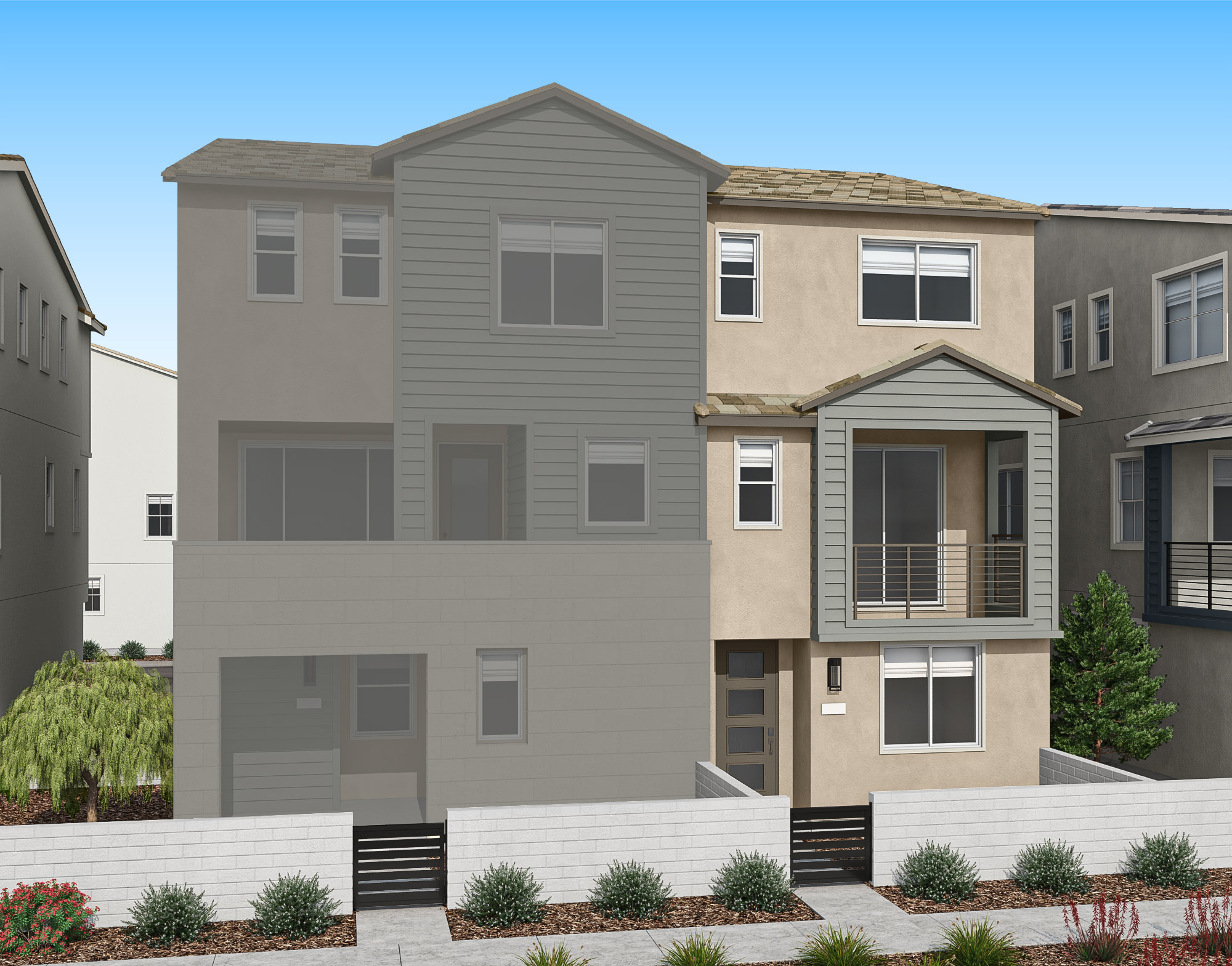 A multi-story residential building with a gray exterior, surrounded by greenery and a clear blue sky in the background.