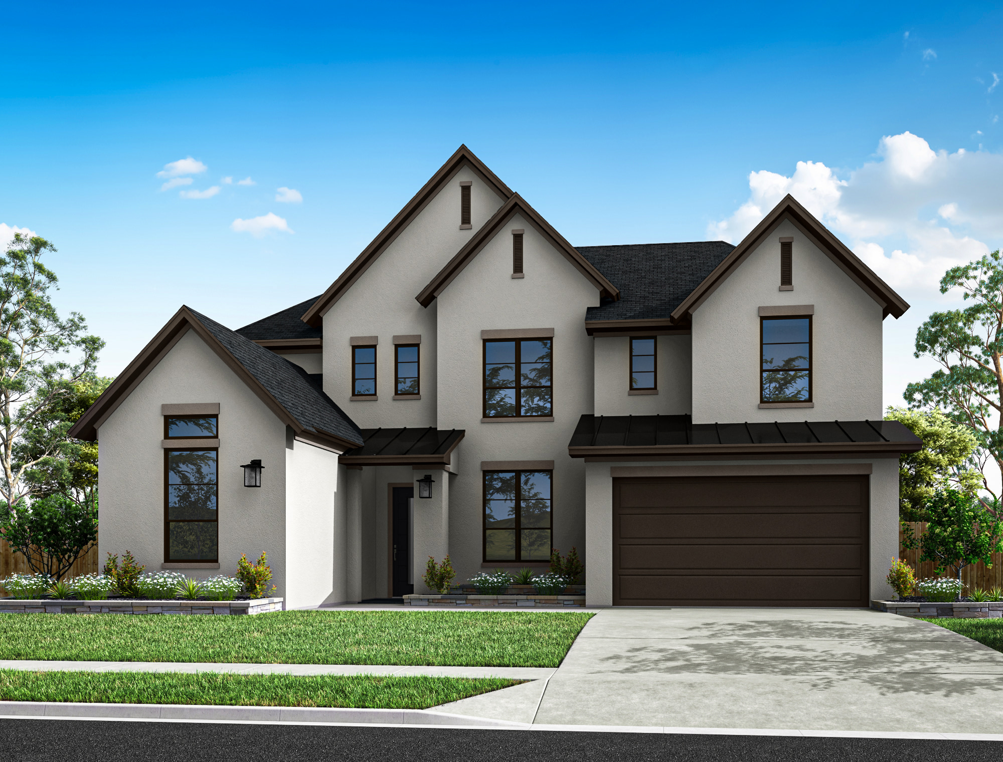 A modern stucco house with a dark roof and garage sits on a manicured lawn, backed by a clear blue sky with scattered clouds and trees.