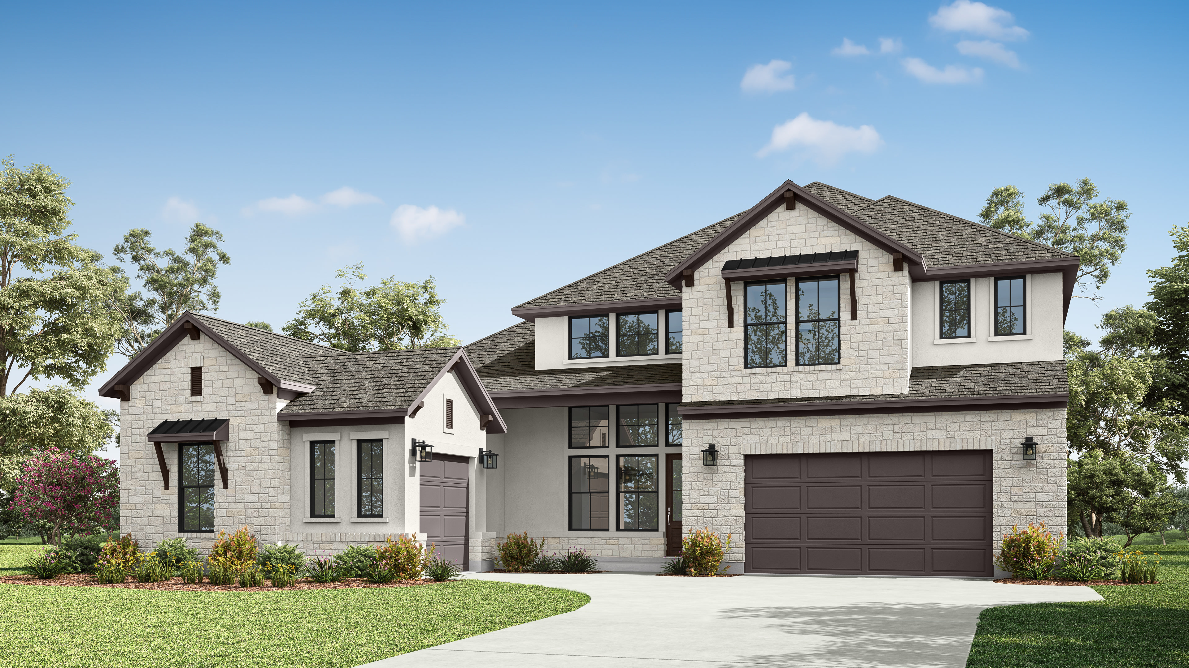 A two-story house with a stone exterior, a garage, and a well-manicured lawn surrounded by trees in a residential neighborhood.