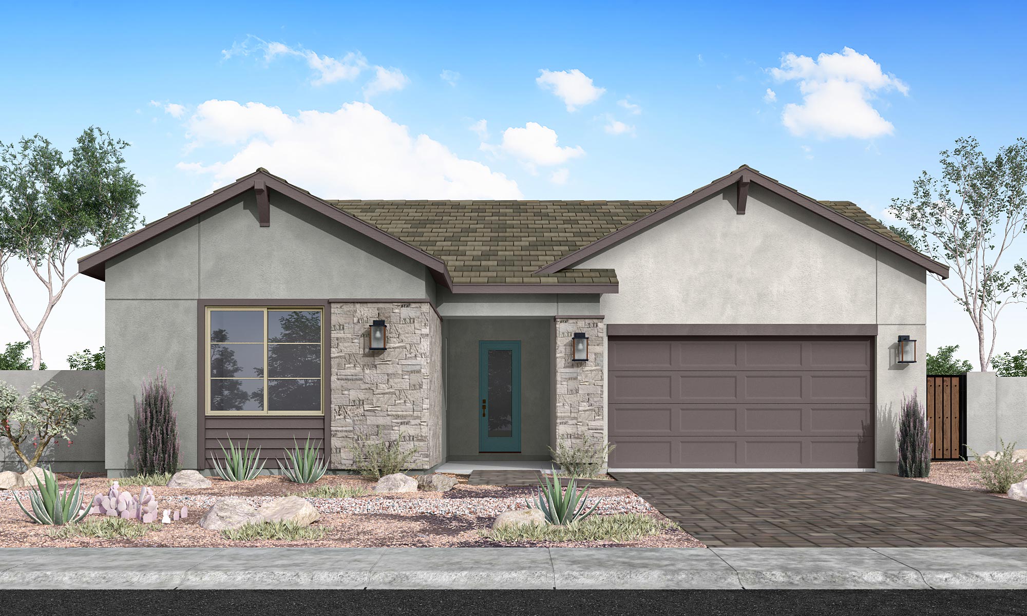 A modern single-story home with a grey facade and stone accents sits behind a desert-landscaped yard under a bright blue sky with scattered clouds.