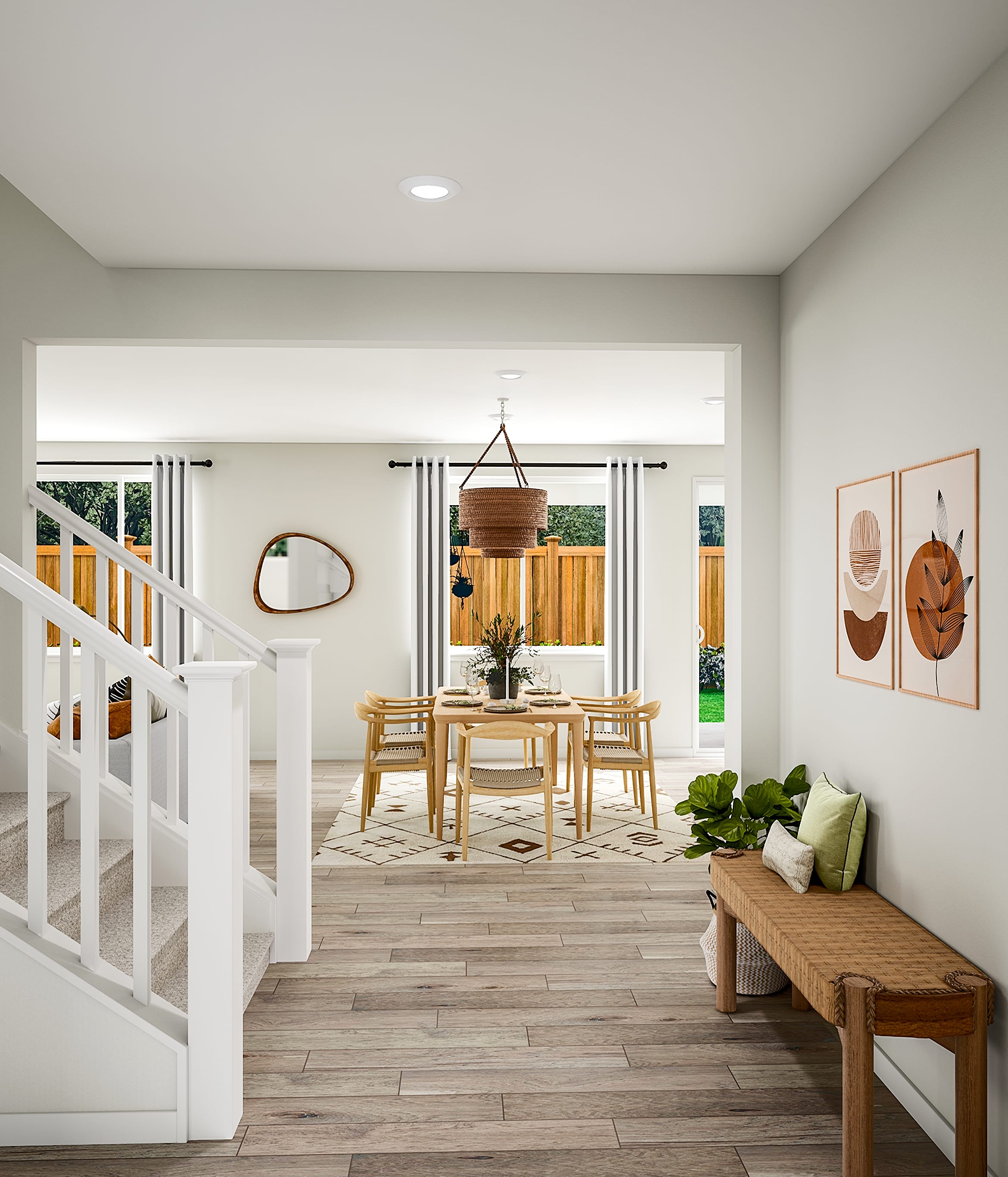 A bright entryway with a wooden bench in the foreground leads to a dining area with a table and chairs, visible through an open doorway with a backyard beyond.