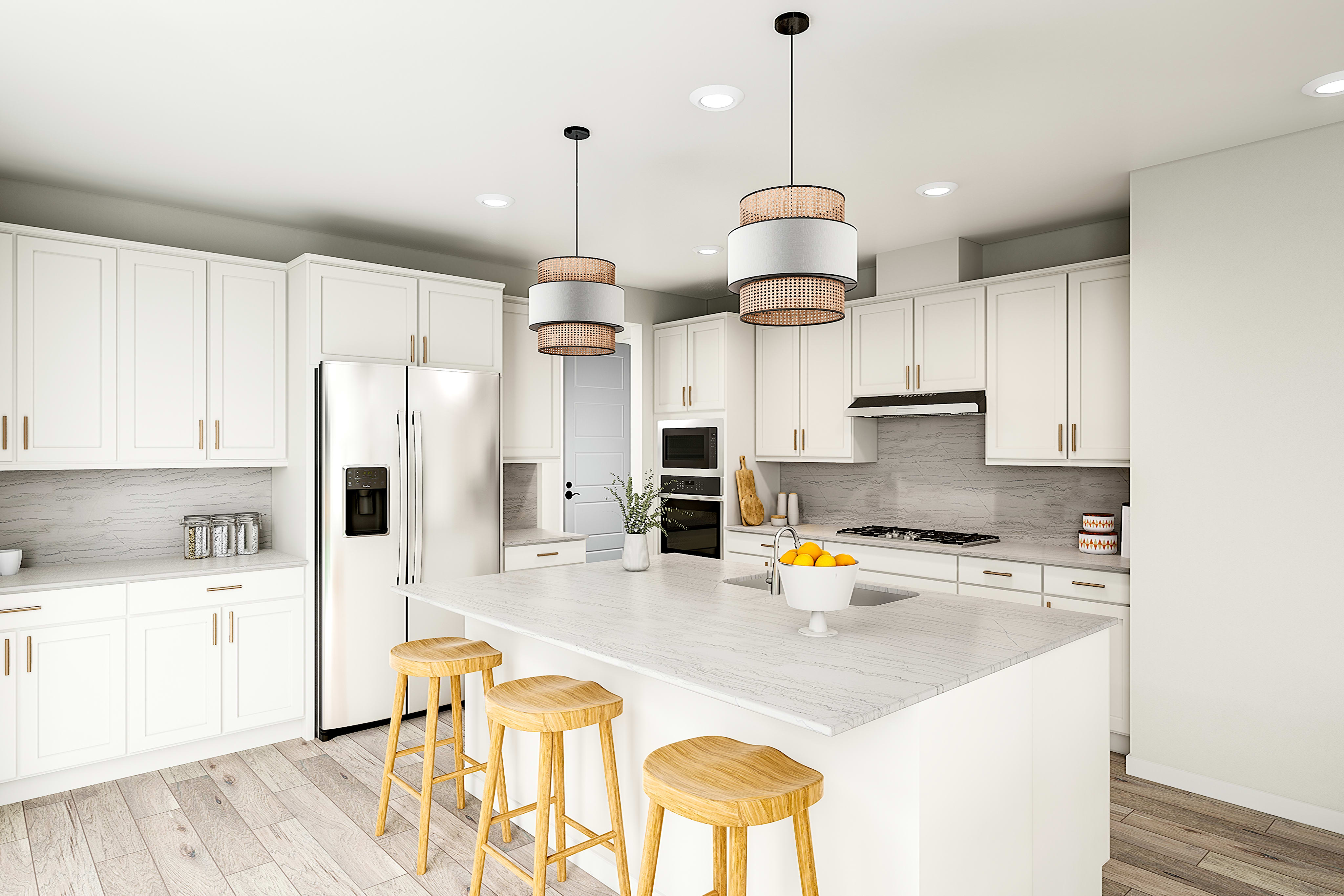 A modern white kitchen with a large island and pendant lights in the foreground is set against a backdrop of white cabinetry and stainless steel appliances.