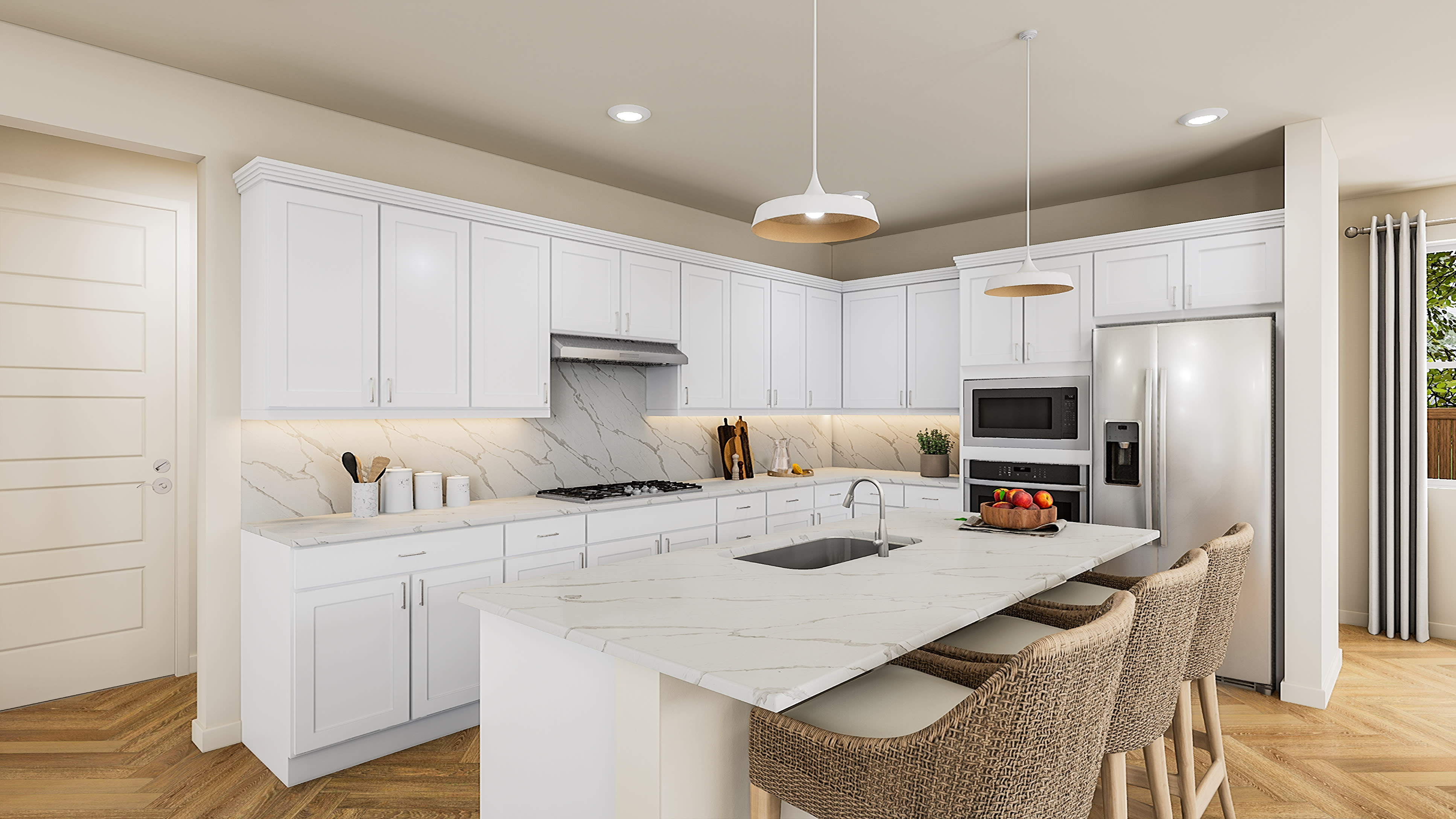 A modern white kitchen with a marble island and bar stools in the foreground is set against a background of white cabinets, stainless steel appliances, and a window with sheer curtains.
