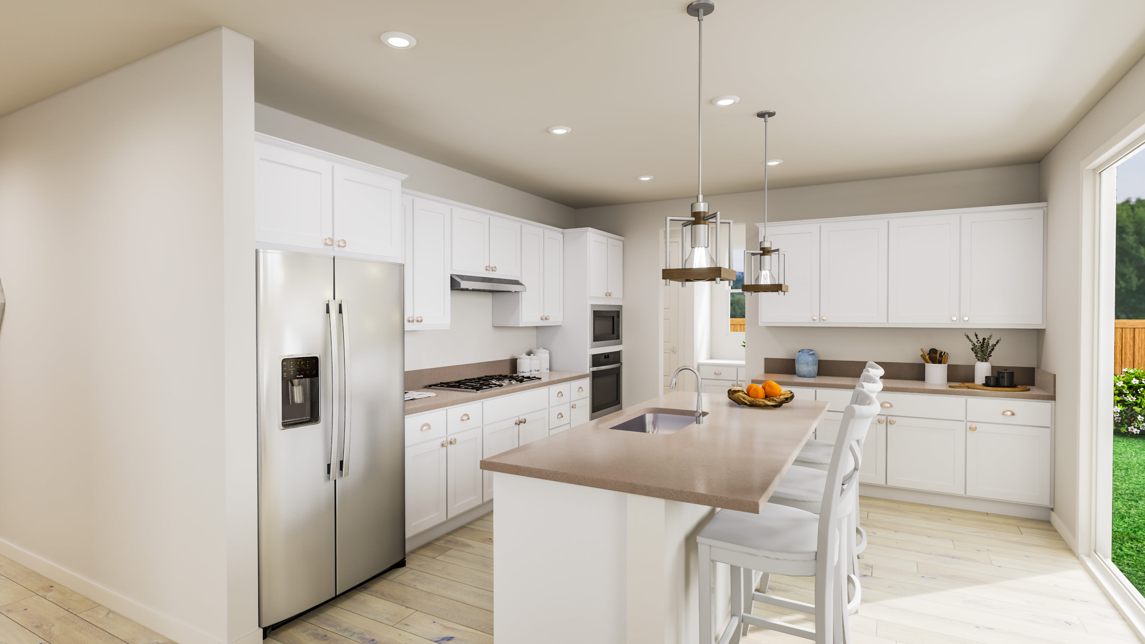 A modern kitchen with a large stainless steel refrigerator in the foreground and a bright, open space with white cabinets and a large window overlooking a green lawn in the background.