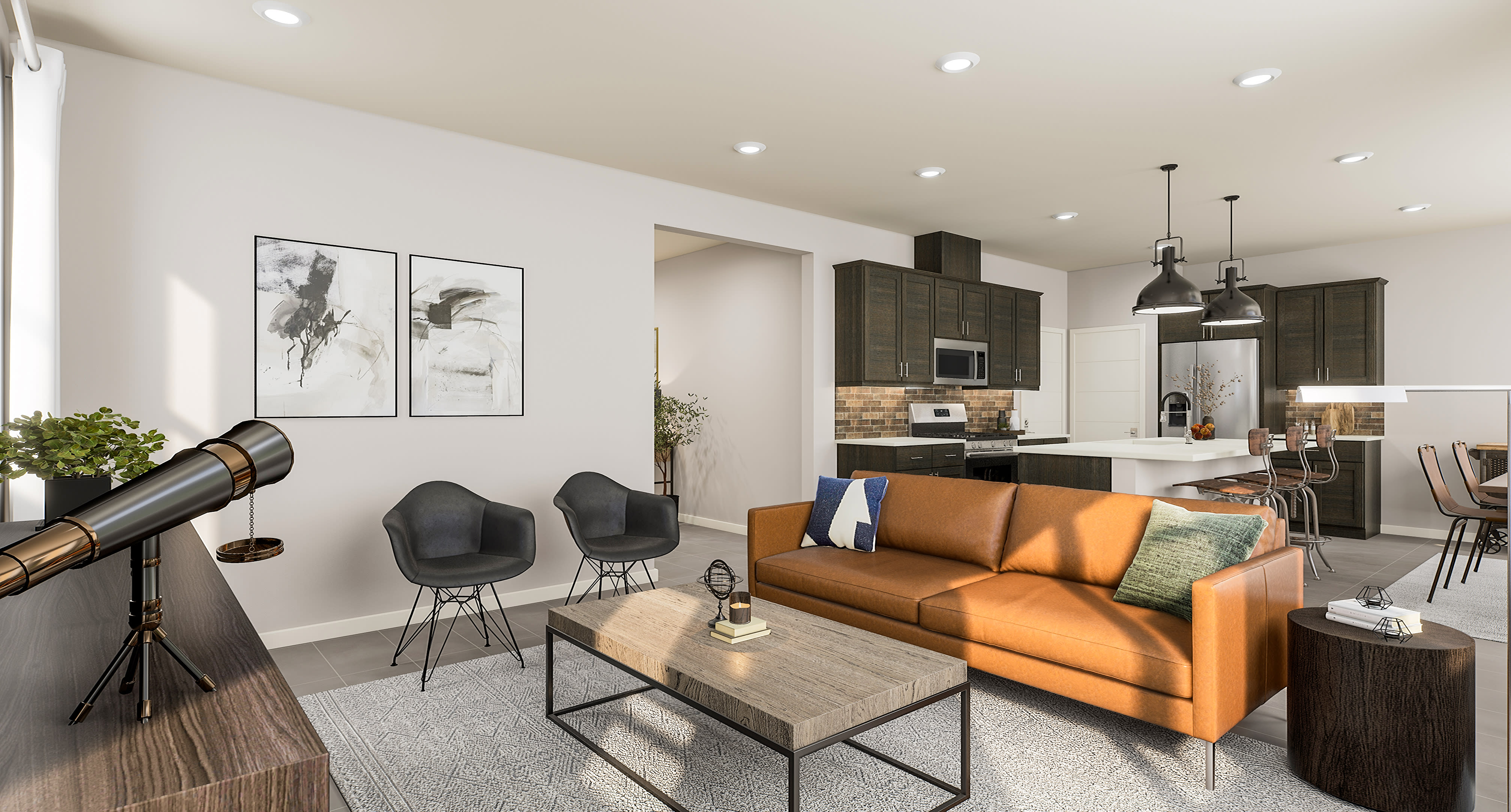 A modern living room with a telescope in the foreground and a kitchen and dining area in the background.