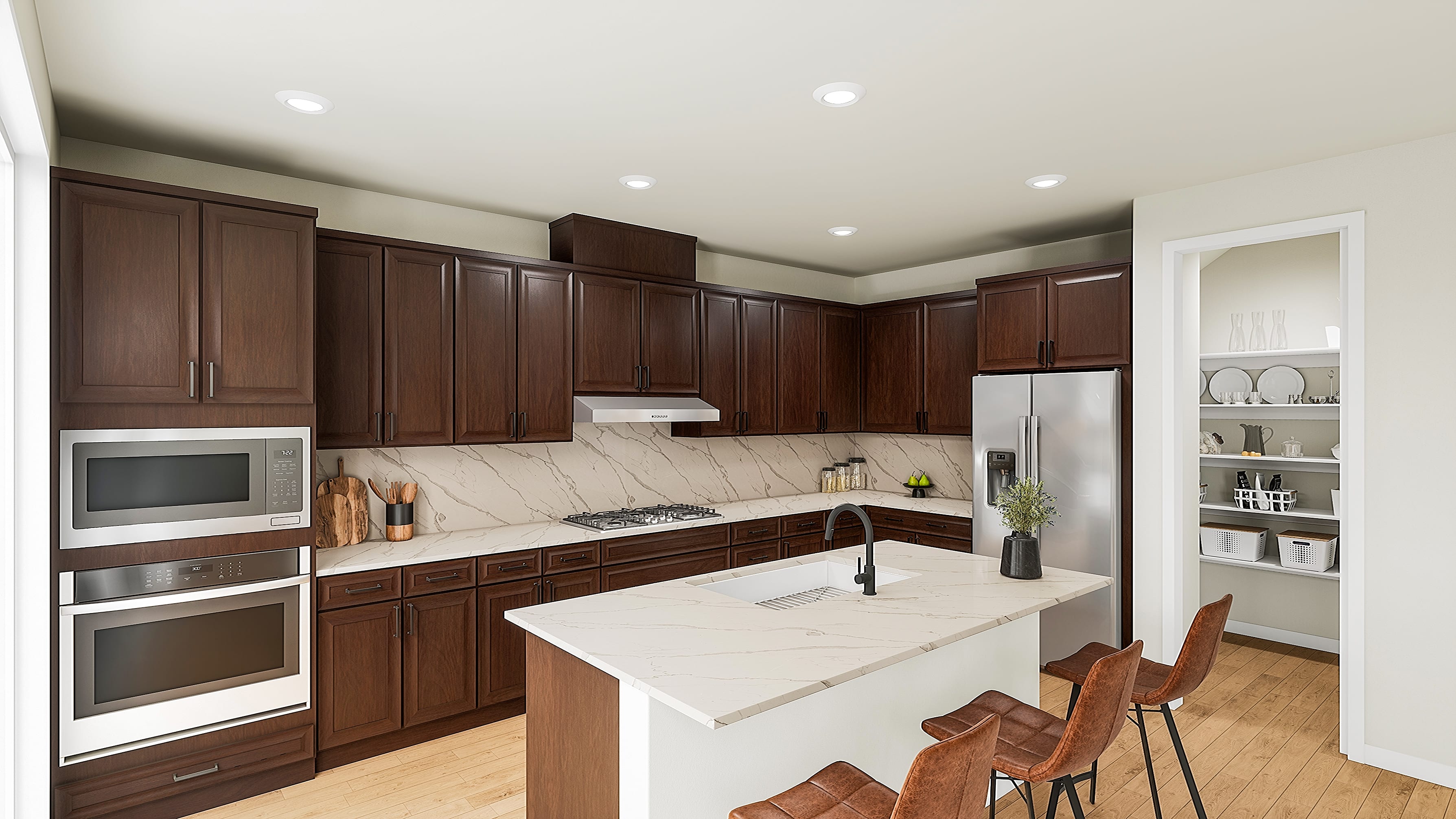 A modern kitchen with dark wood cabinets and a white island in the foreground, and a pantry with shelves in the background.