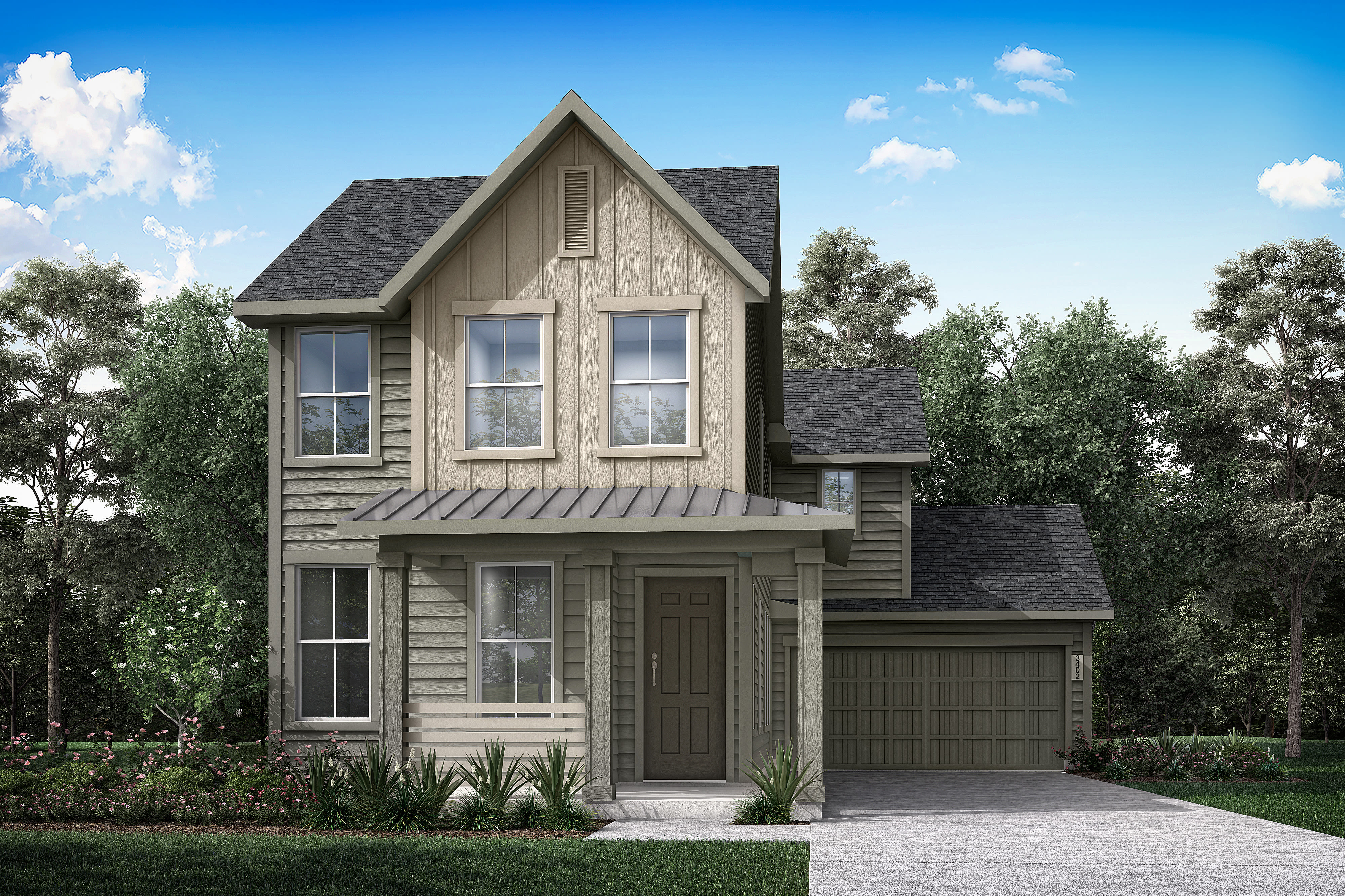 A two-story, gable-roofed house with a porch and a garage, surrounded by lush greenery and a clear blue sky.