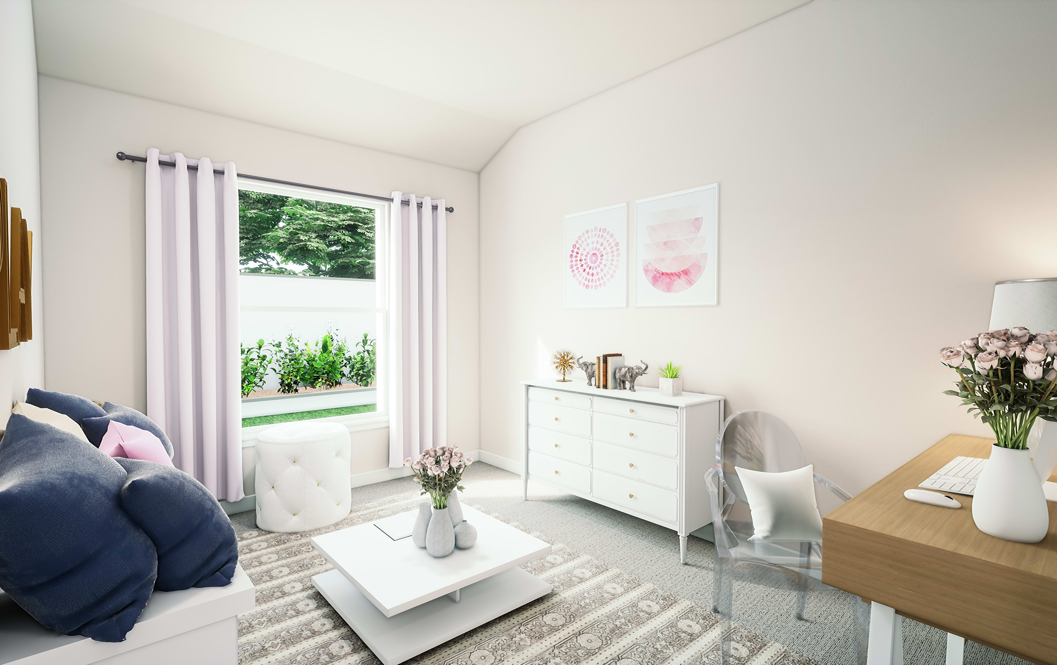 A cozy and bright living room with a white dresser, floral artwork, and a large window overlooking a lush outdoor space.