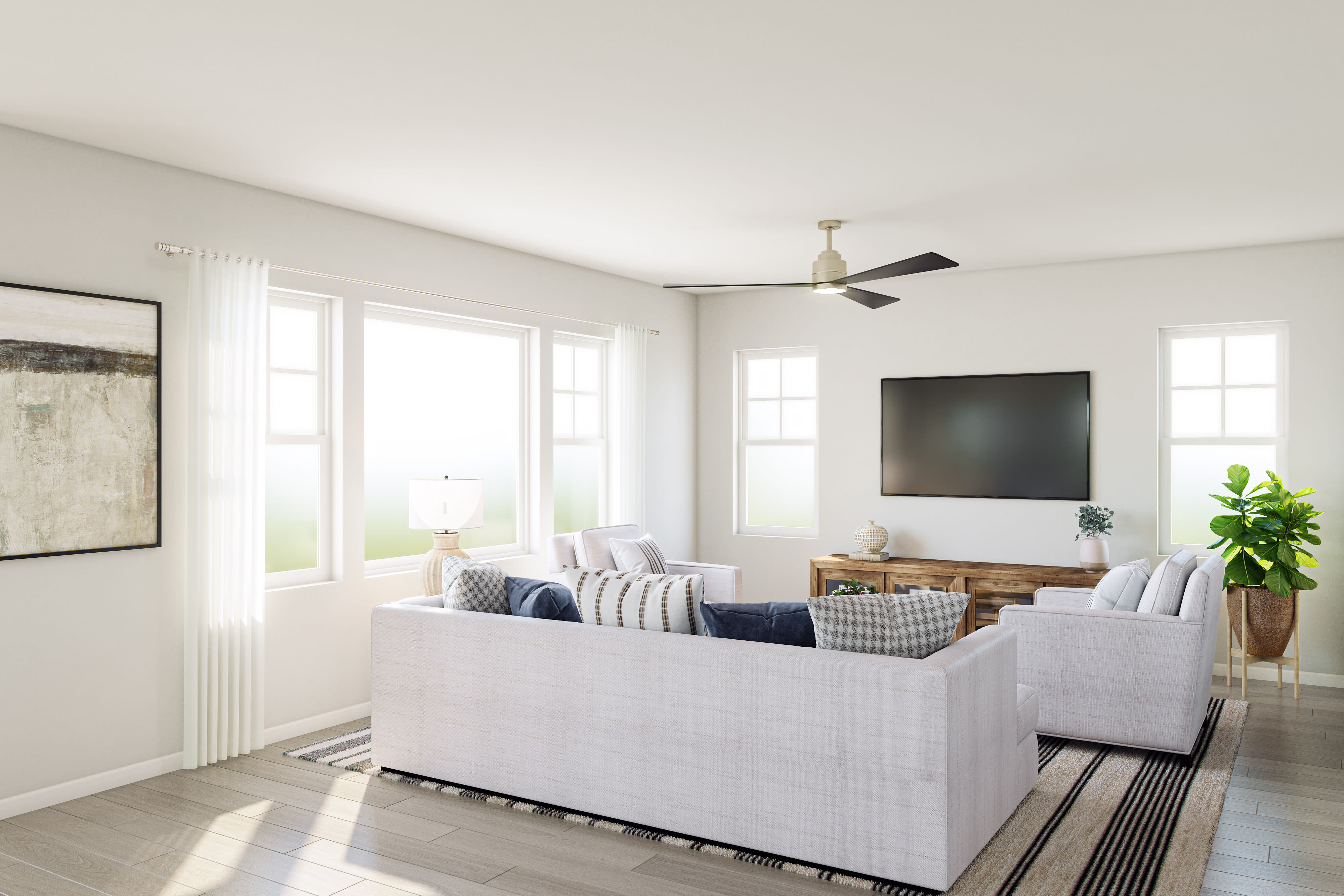 A bright and airy living room with a white sofa, a large TV mounted on the wall, and a potted plant in the corner, surrounded by large windows that let in natural light.