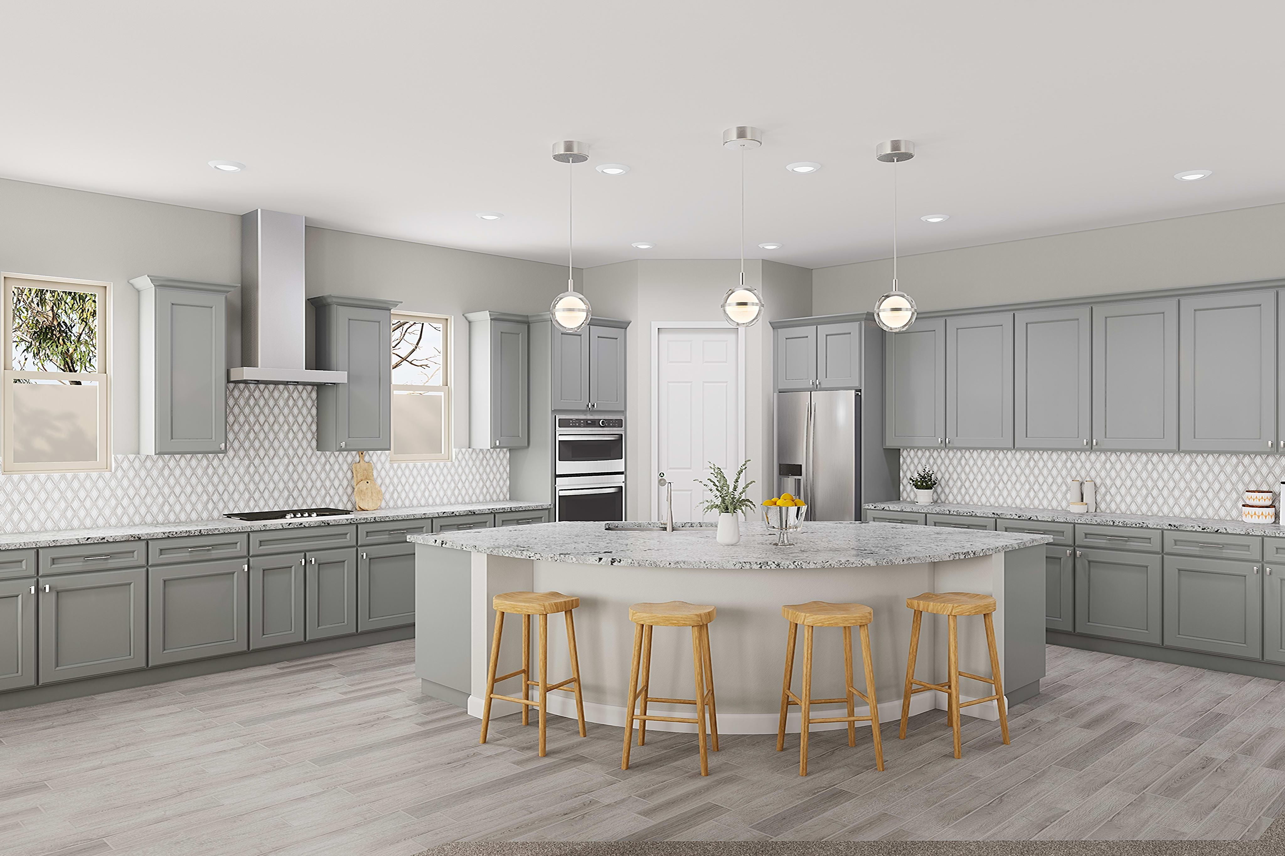 A modern, spacious kitchen with gray cabinets, a large island with stools, and a tiled backsplash, set against a light-colored hardwood floor.