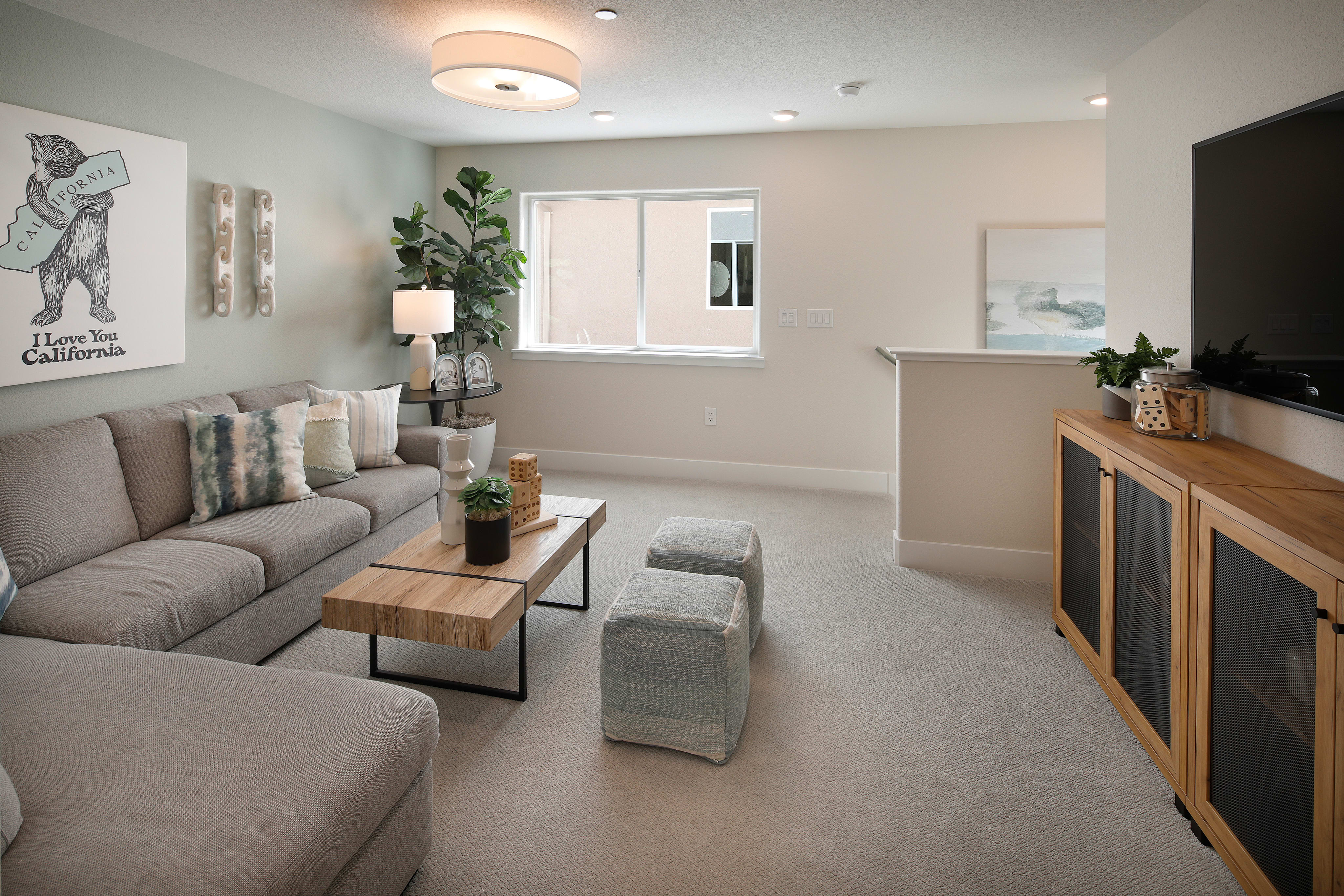A cozy and inviting living room with a gray sectional sofa, a wooden coffee table, and various decorative elements such as plants and artwork on the walls.