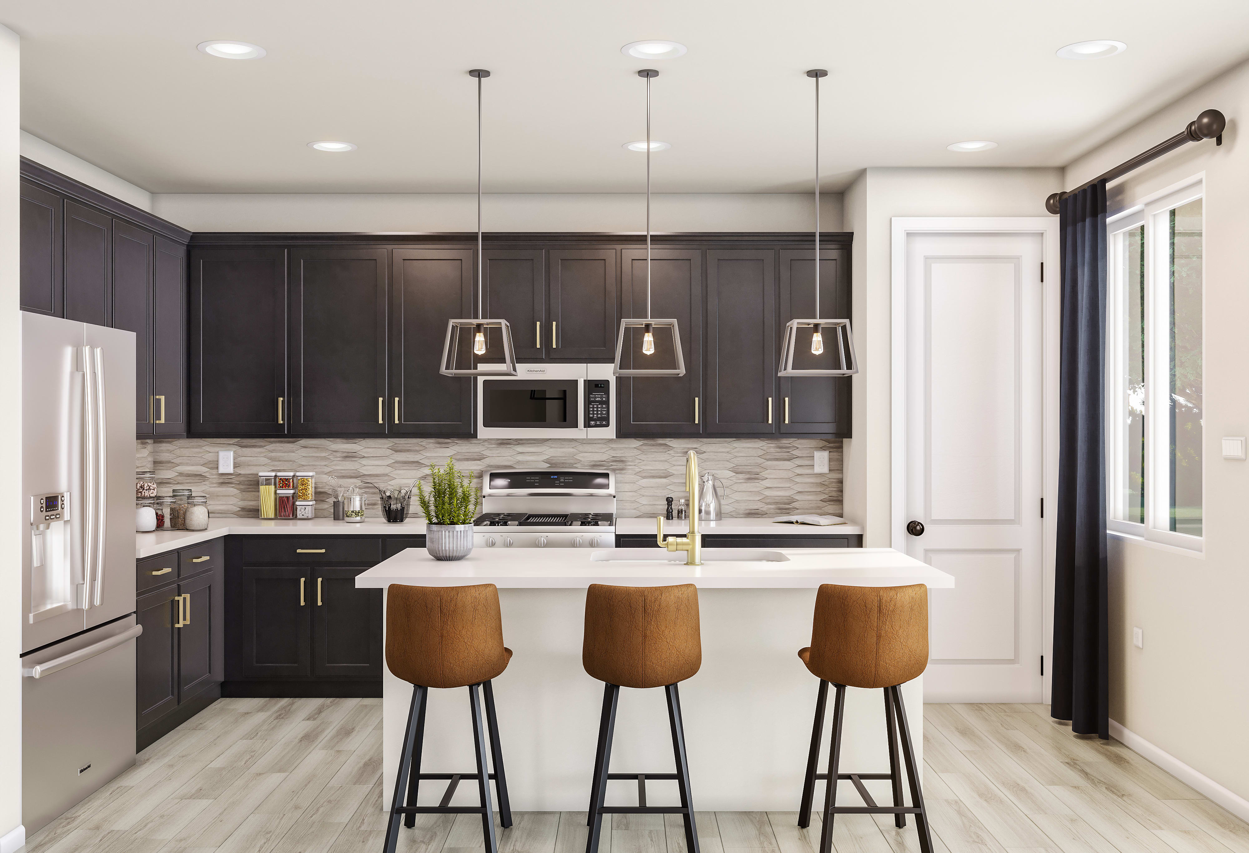 A modern and stylish kitchen with dark cabinets, a white countertop, and three wooden bar stools at the island.