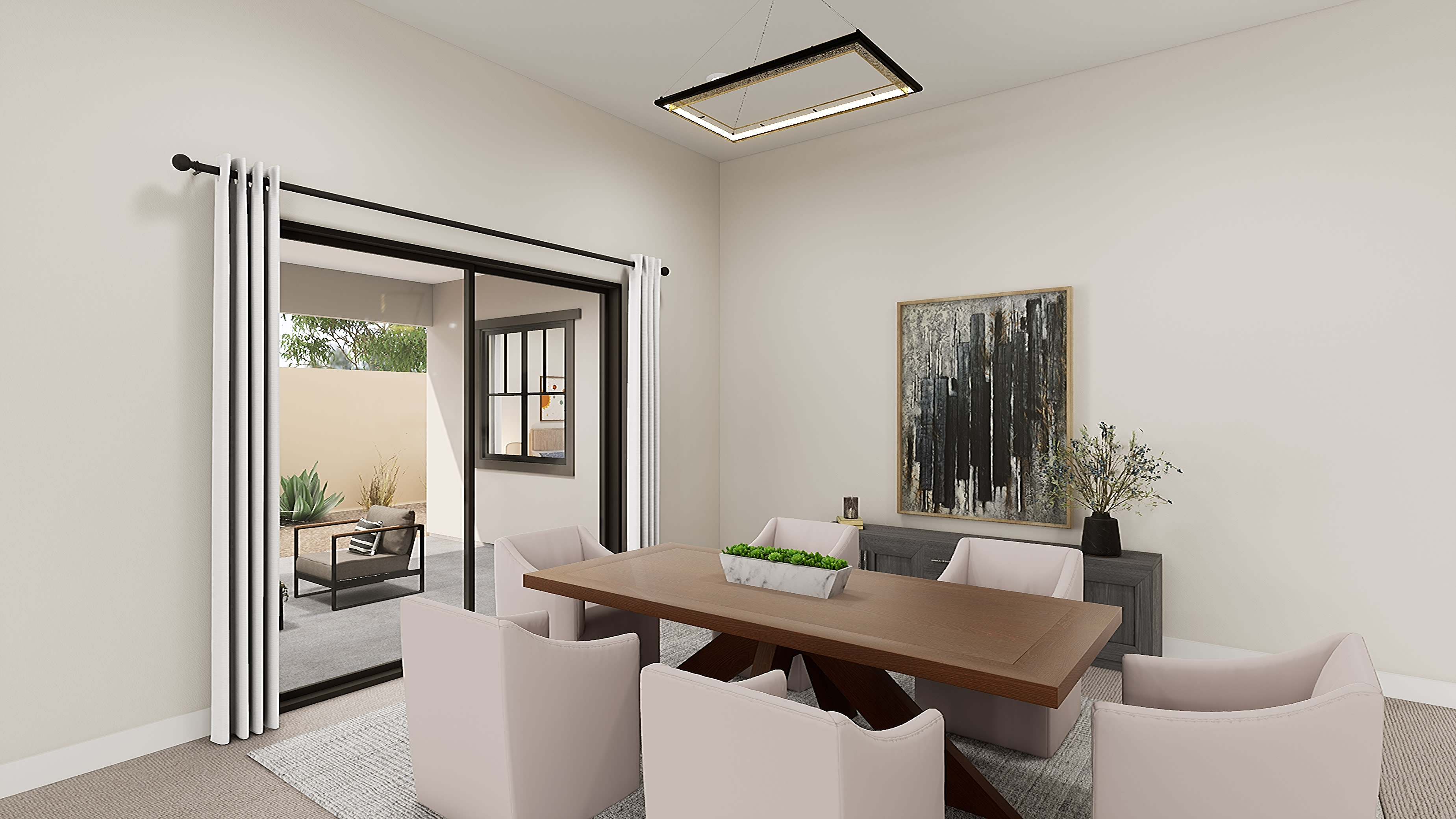 A modern and minimalist dining room with a wooden table, beige chairs, and a large abstract painting on the wall. The room has a sliding glass door leading to an outdoor area, and a sleek lighting fixture overhead.