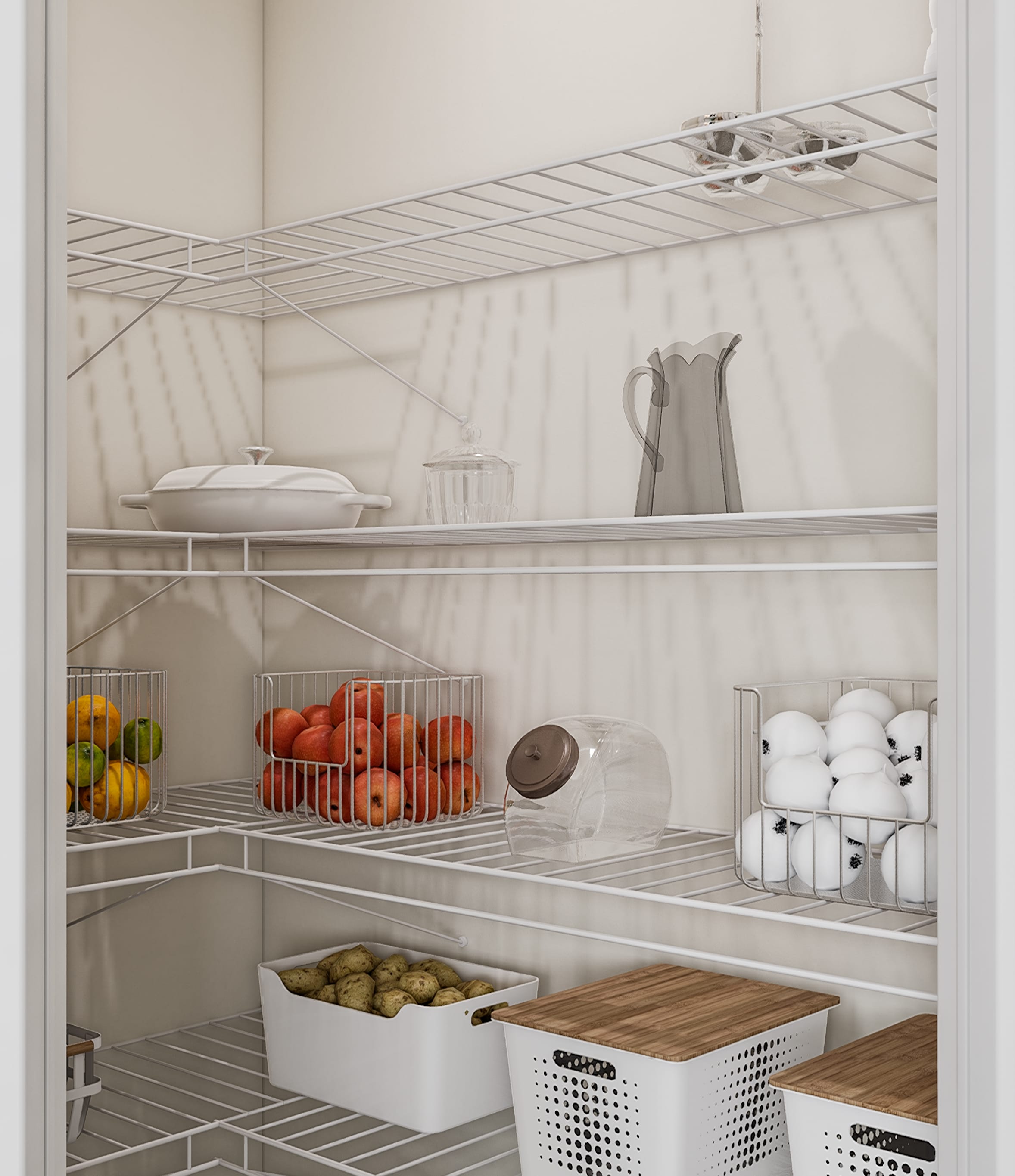 A well-organized refrigerator interior with various food items, containers, and kitchen utensils neatly arranged on the shelves.