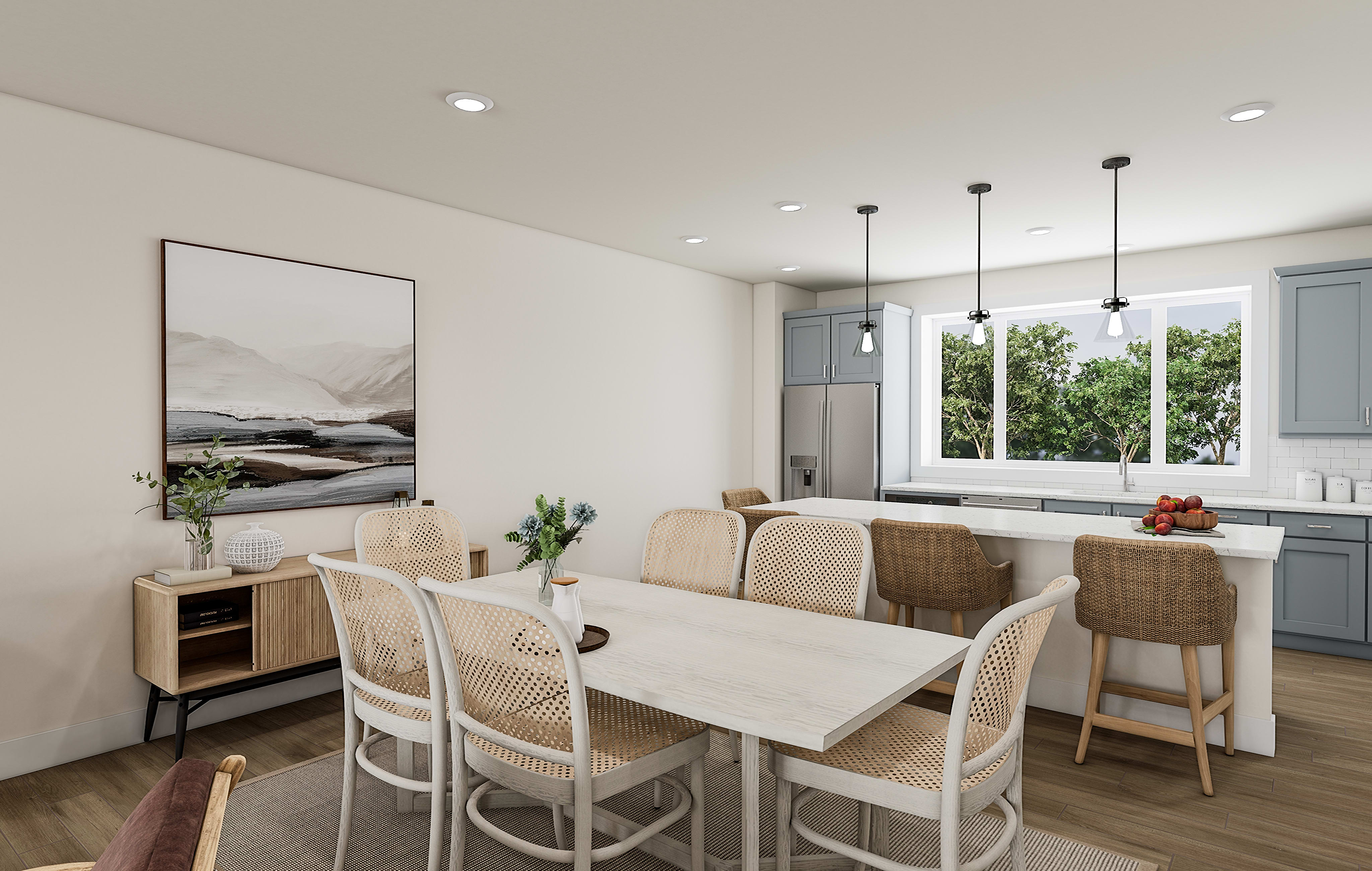A modern and cozy dining area with a wooden table, wicker chairs, and a large window overlooking a lush outdoor landscape.