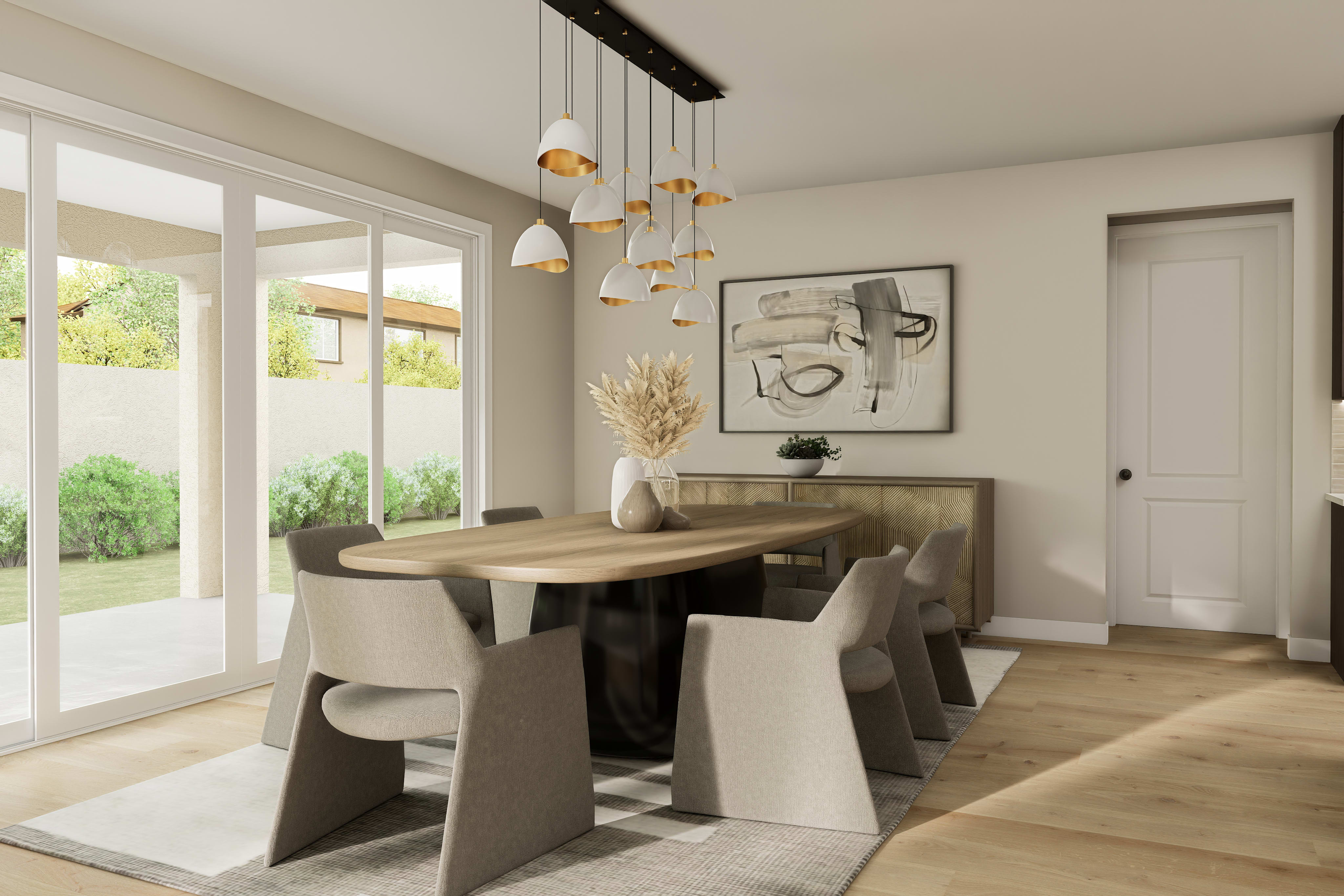 A modern and minimalist dining room with a wooden table, upholstered chairs, and a collection of pendant lights hanging from the ceiling, overlooking a lush outdoor view through large windows.