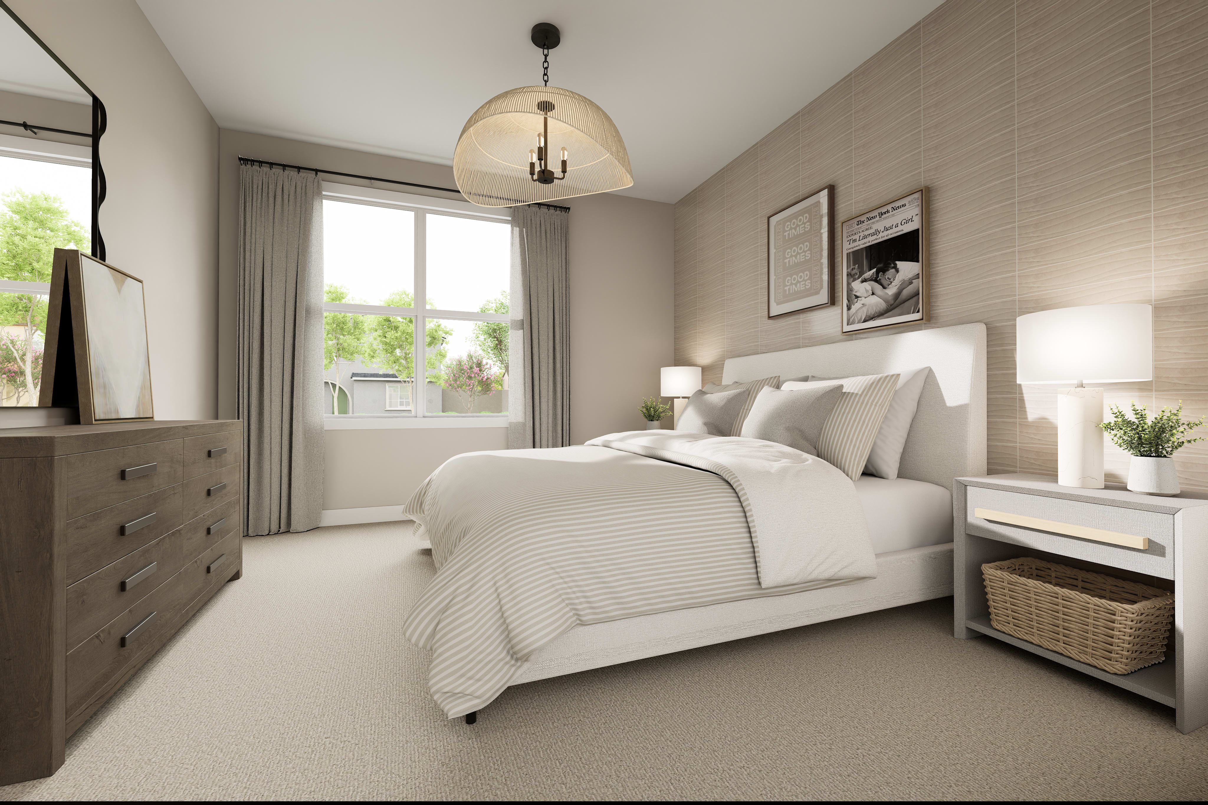 A cozy and well-designed bedroom with a large bed, neutral-toned bedding, and a pendant light fixture, set against a backdrop of neutral-colored walls and curtains, creating a serene and inviting atmosphere.