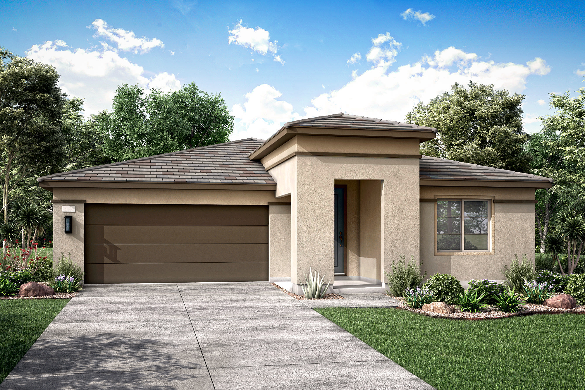 A single-story stucco house with a tiled roof sits on a grassy lawn, surrounded by lush trees and a clear blue sky with fluffy white clouds.