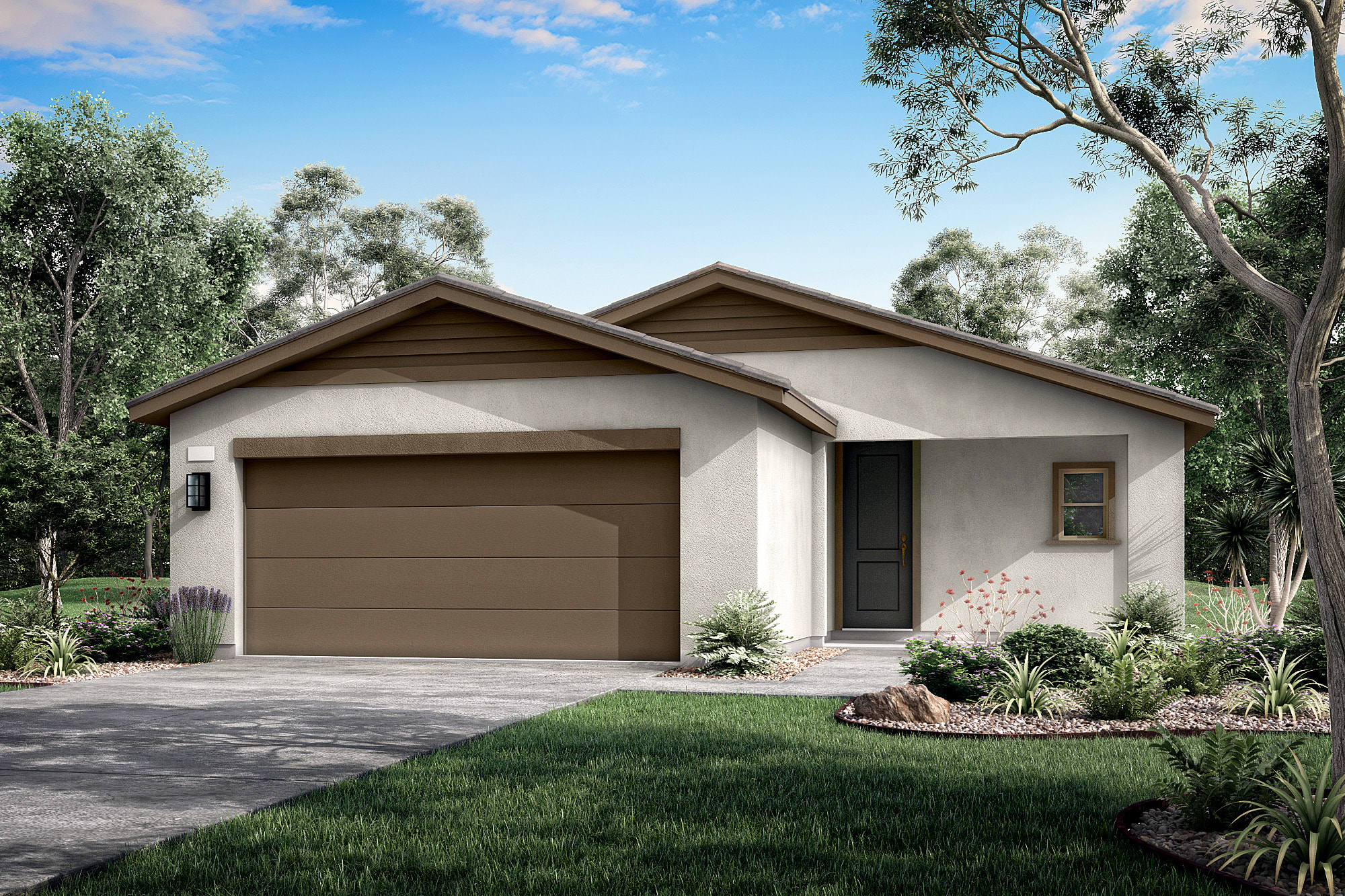 A single-story, modern-style house with a garage door and a well-landscaped front yard surrounded by trees and greenery.