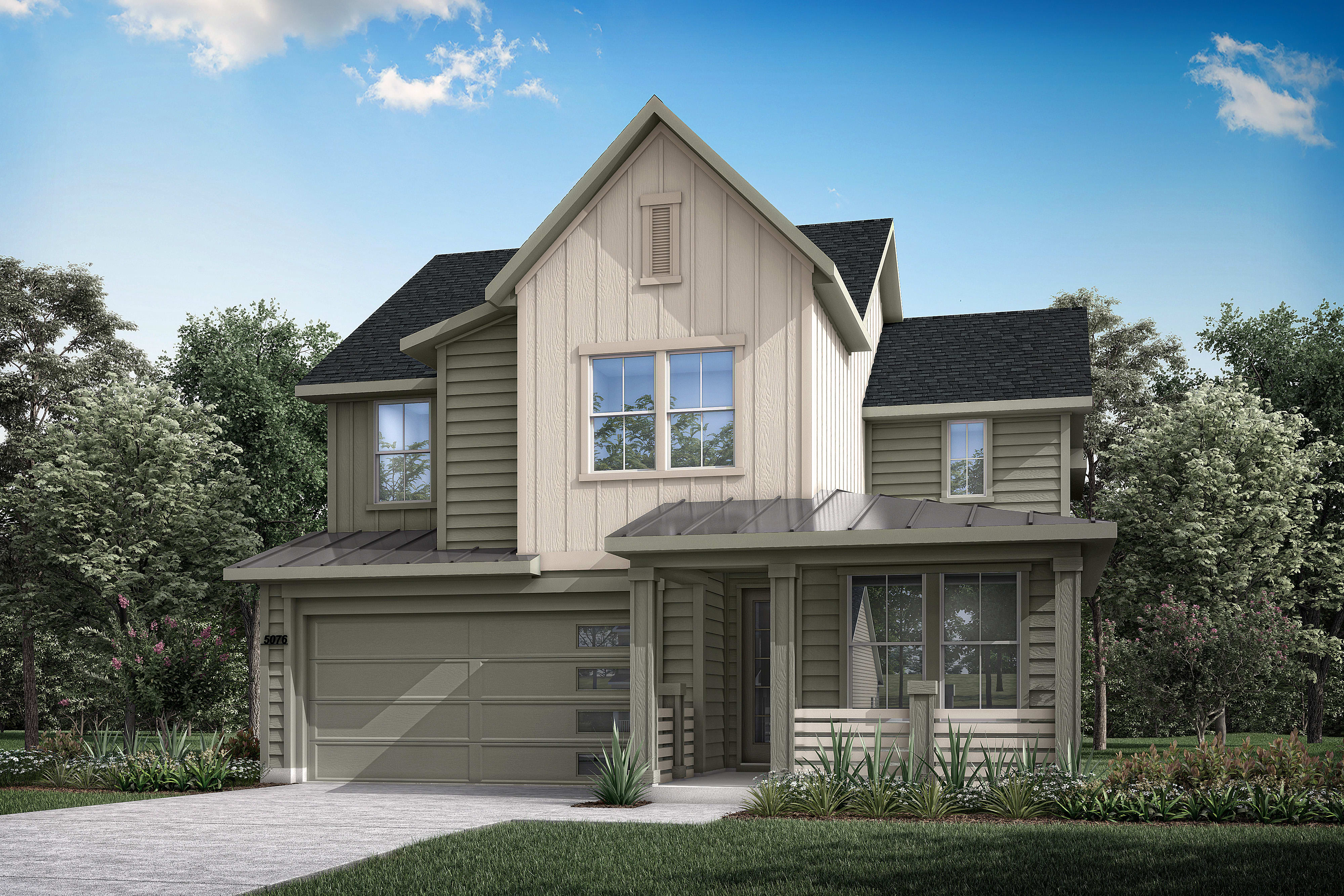 A two-story house with a gabled roof, wooden siding, and a garage stands in a lush, tree-lined yard.