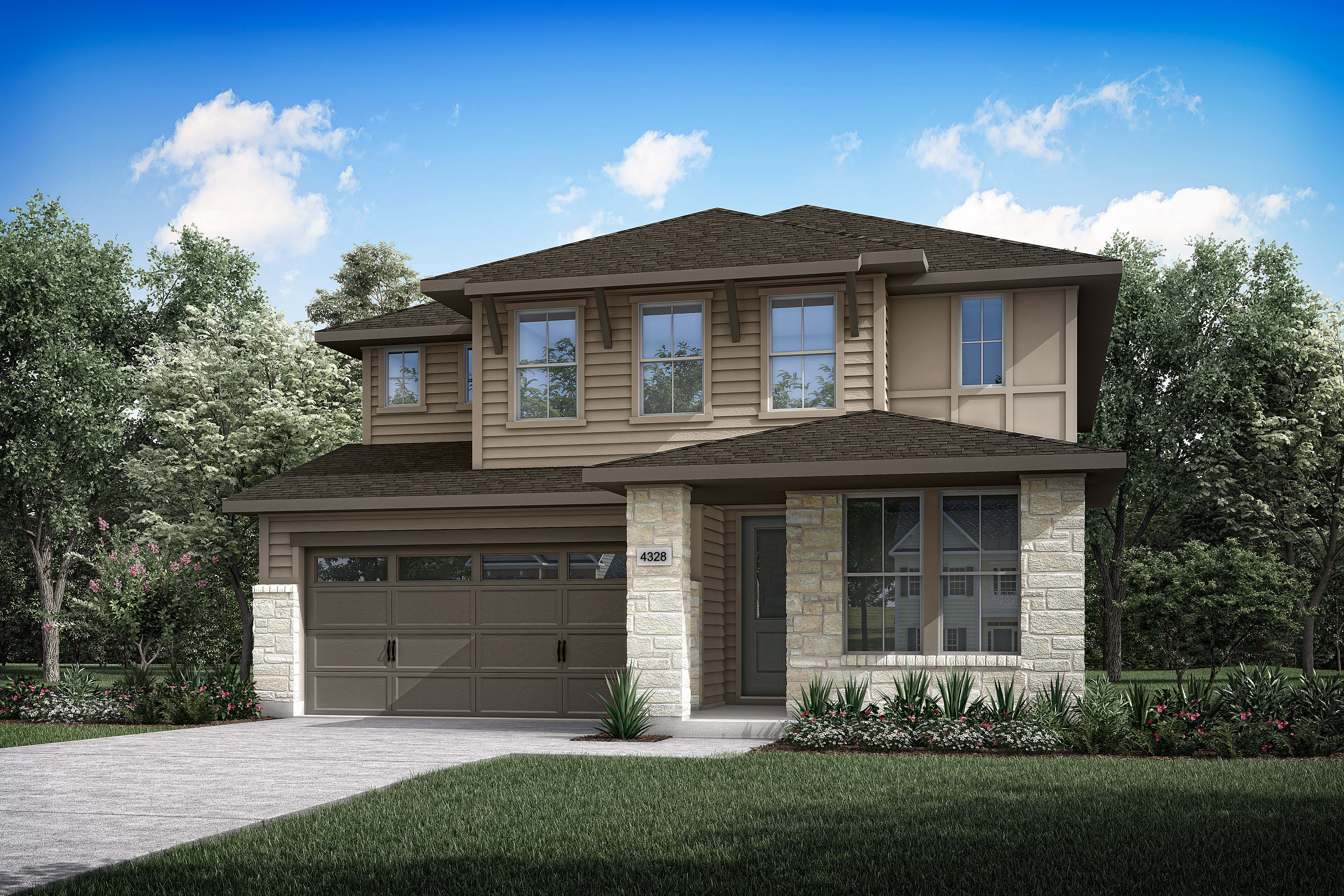 A two-story residential house with a garage, surrounded by lush greenery and set against a clear blue sky with fluffy white clouds.