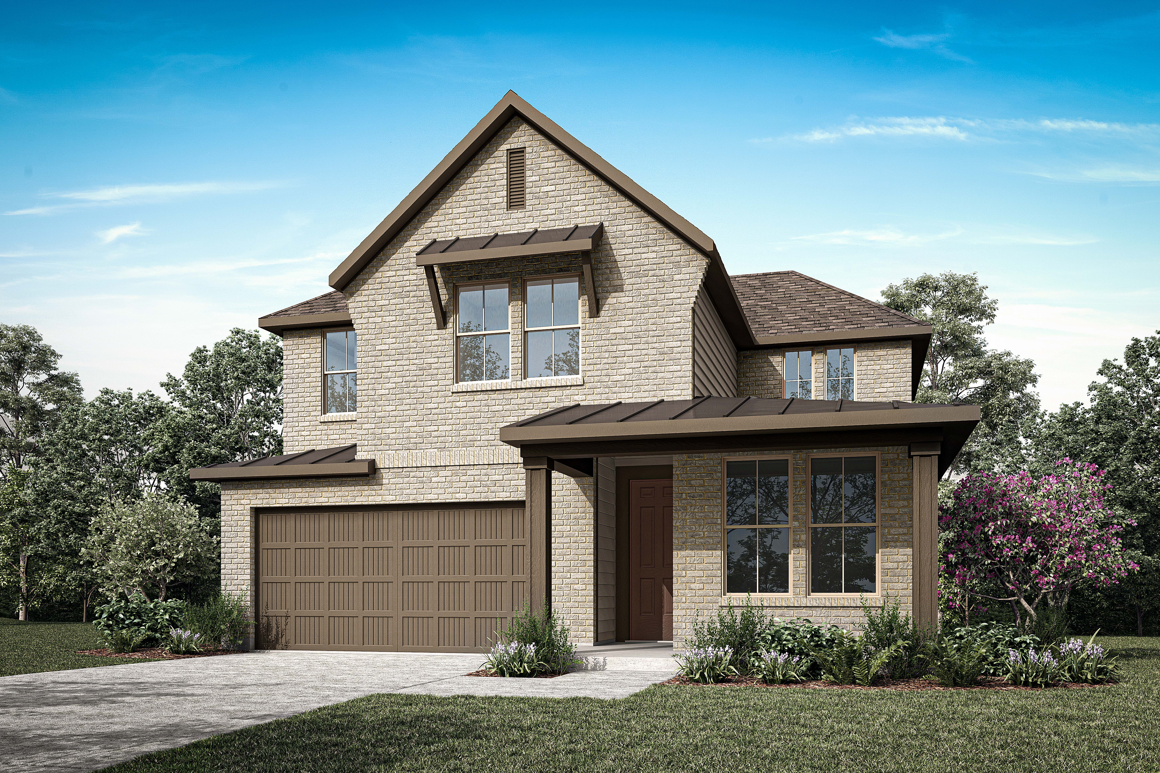 A two-story house with a gabled roof, surrounded by lush greenery and a paved driveway leading to a garage door.