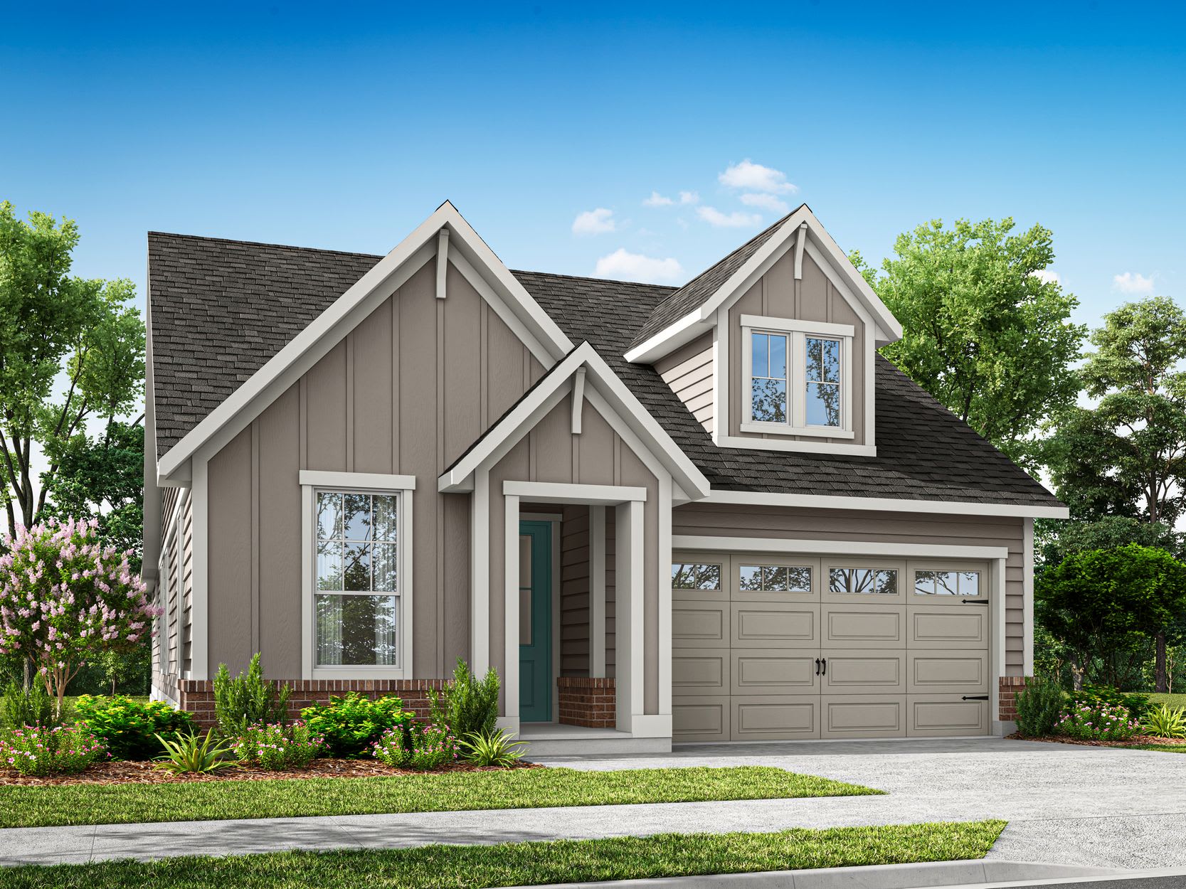 A two-story house with a gray exterior, a gabled roof, and a garage door stands in a well-landscaped yard with lush greenery and a clear blue sky in the background.