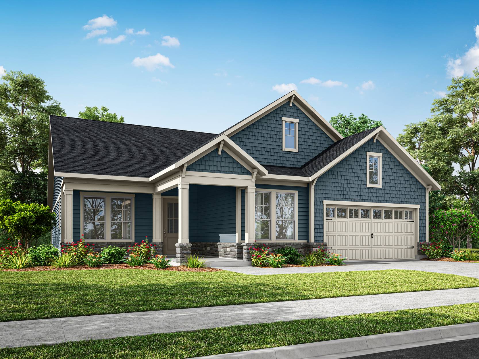 A two-story house with a gabled roof, siding in a dark blue color, and a well-manicured lawn with trees in the background.