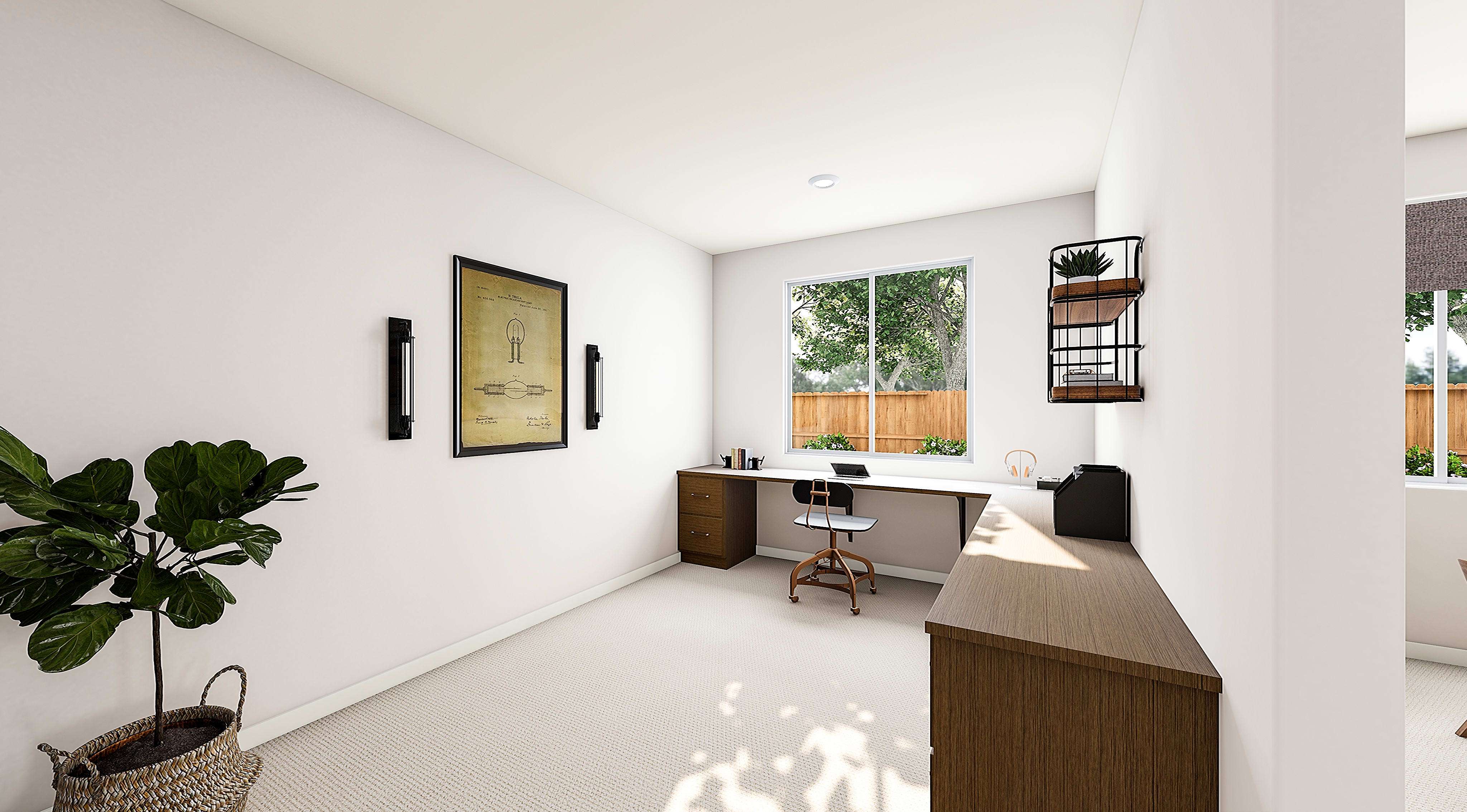 A bright and minimalist home office space with a wooden desk, a potted plant, and a framed artwork on the wall, overlooking a lush outdoor view through a large window.