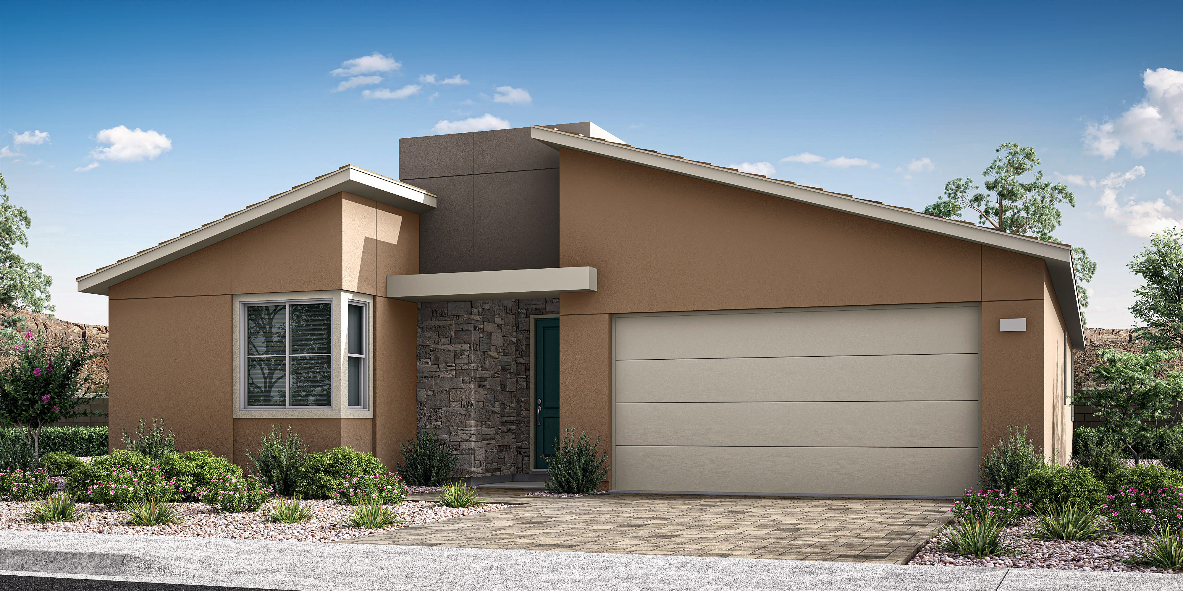 A modern, two-story house with a beige exterior, a garage door, and a landscaped front yard with rocks and plants.