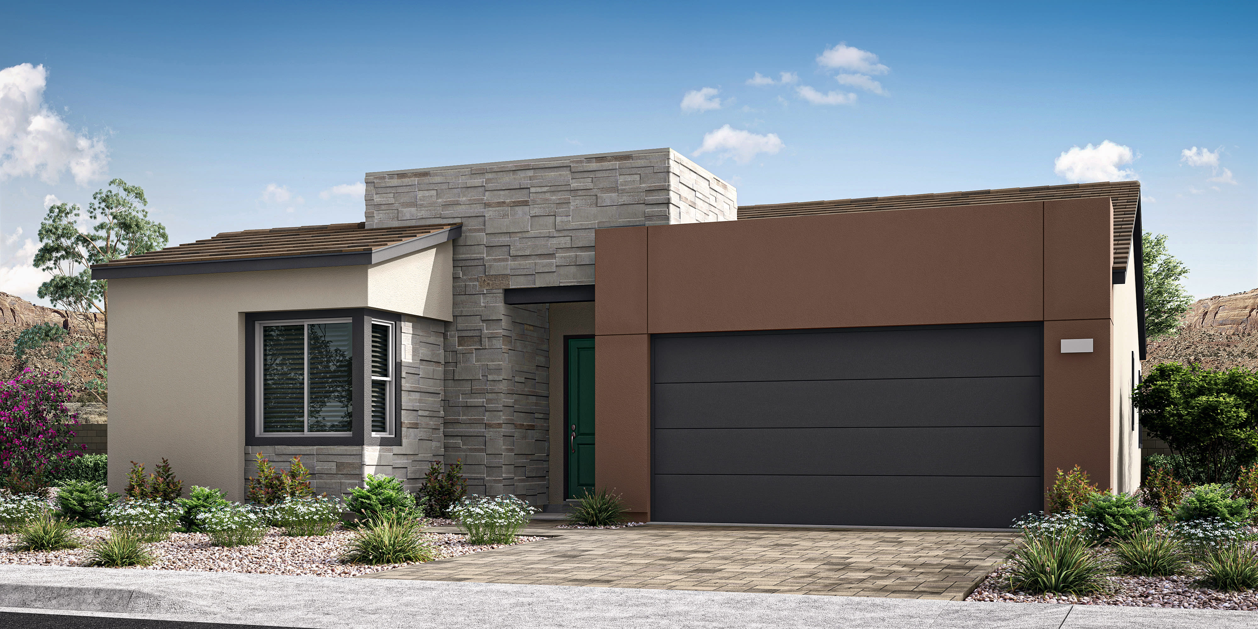 A modern, two-story residential building with a stone facade, a black garage door, and a well-landscaped front yard featuring various plants and flowers.