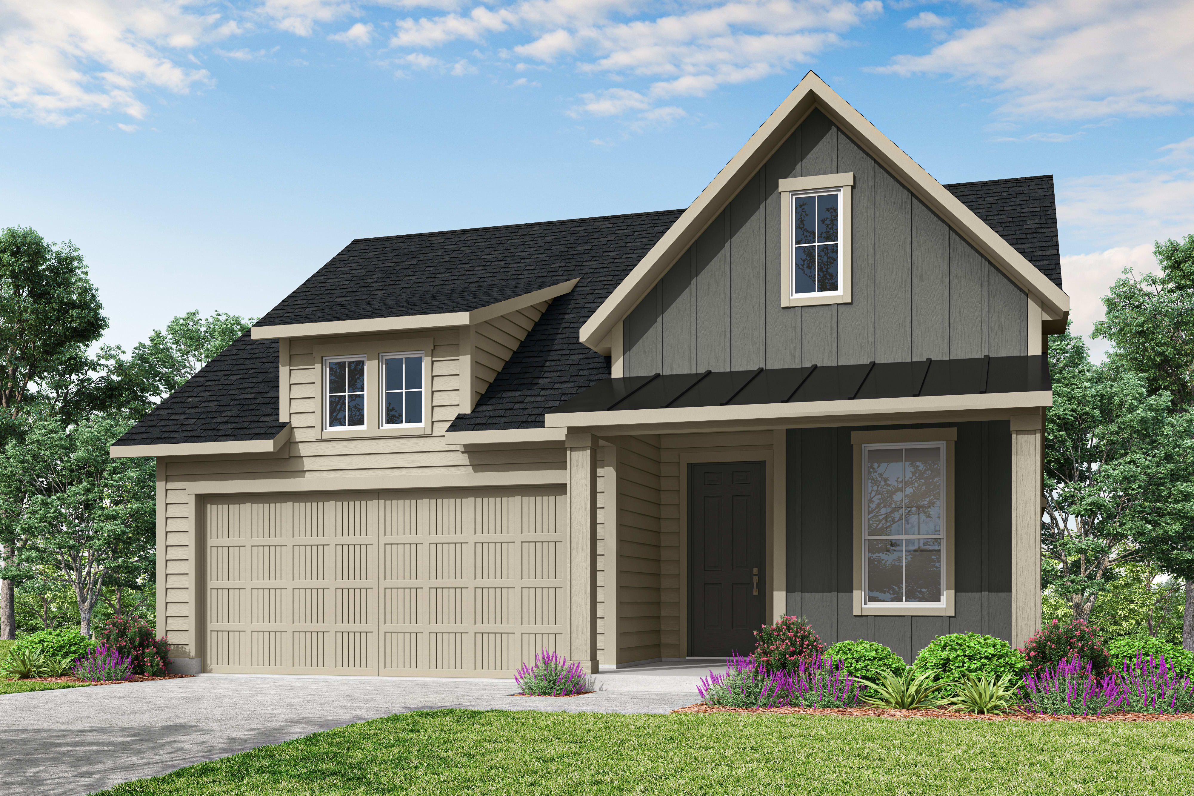 A two-story house with a gabled roof, siding in neutral tones, and a garage door stands in a landscaped yard with trees and flowering plants in the foreground.