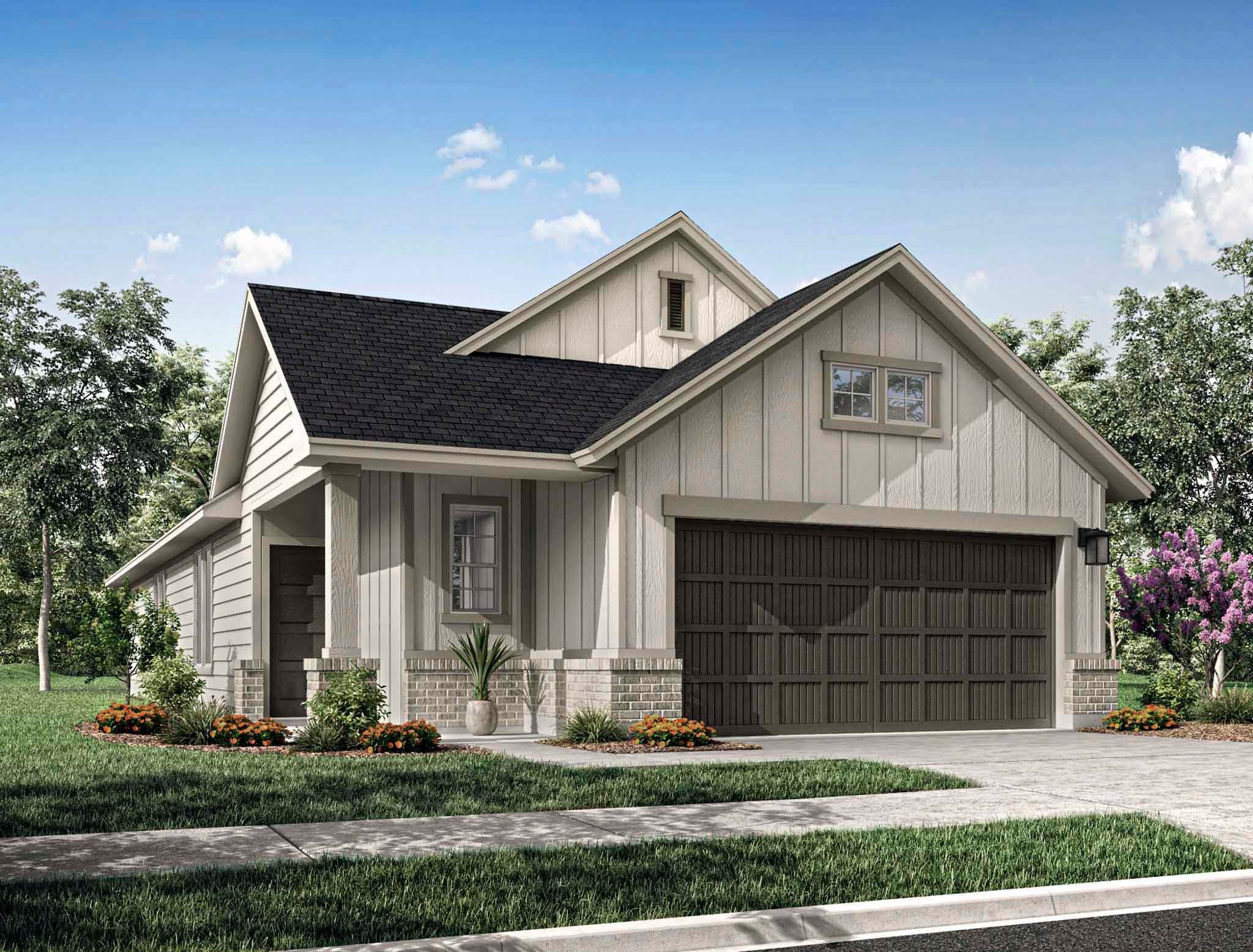A charming two-story house with a garage, surrounded by lush greenery and a clear blue sky in the background.