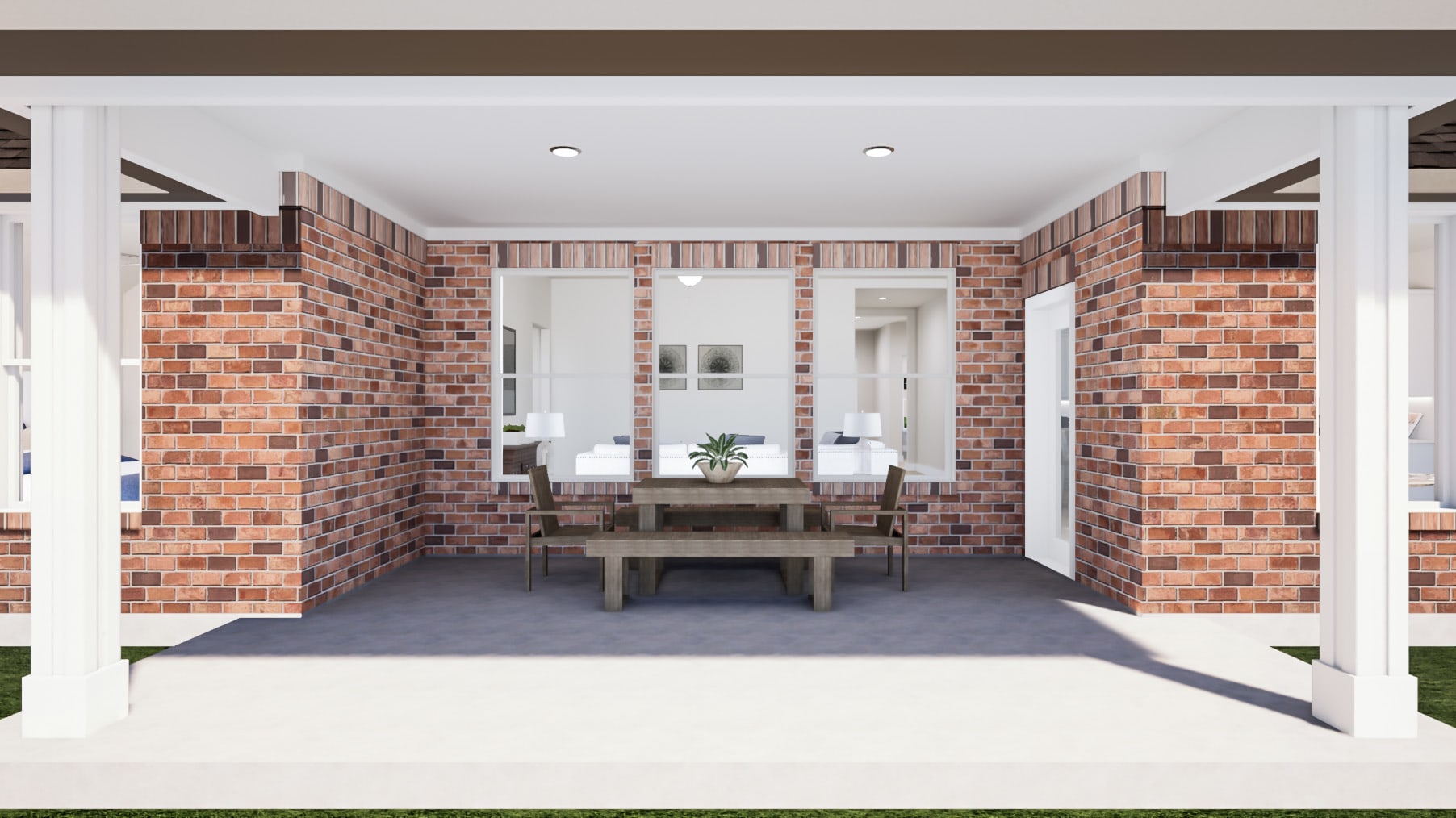 A spacious and inviting entryway with exposed brick walls, a wooden bench, and a window, leading into a well-lit interior.