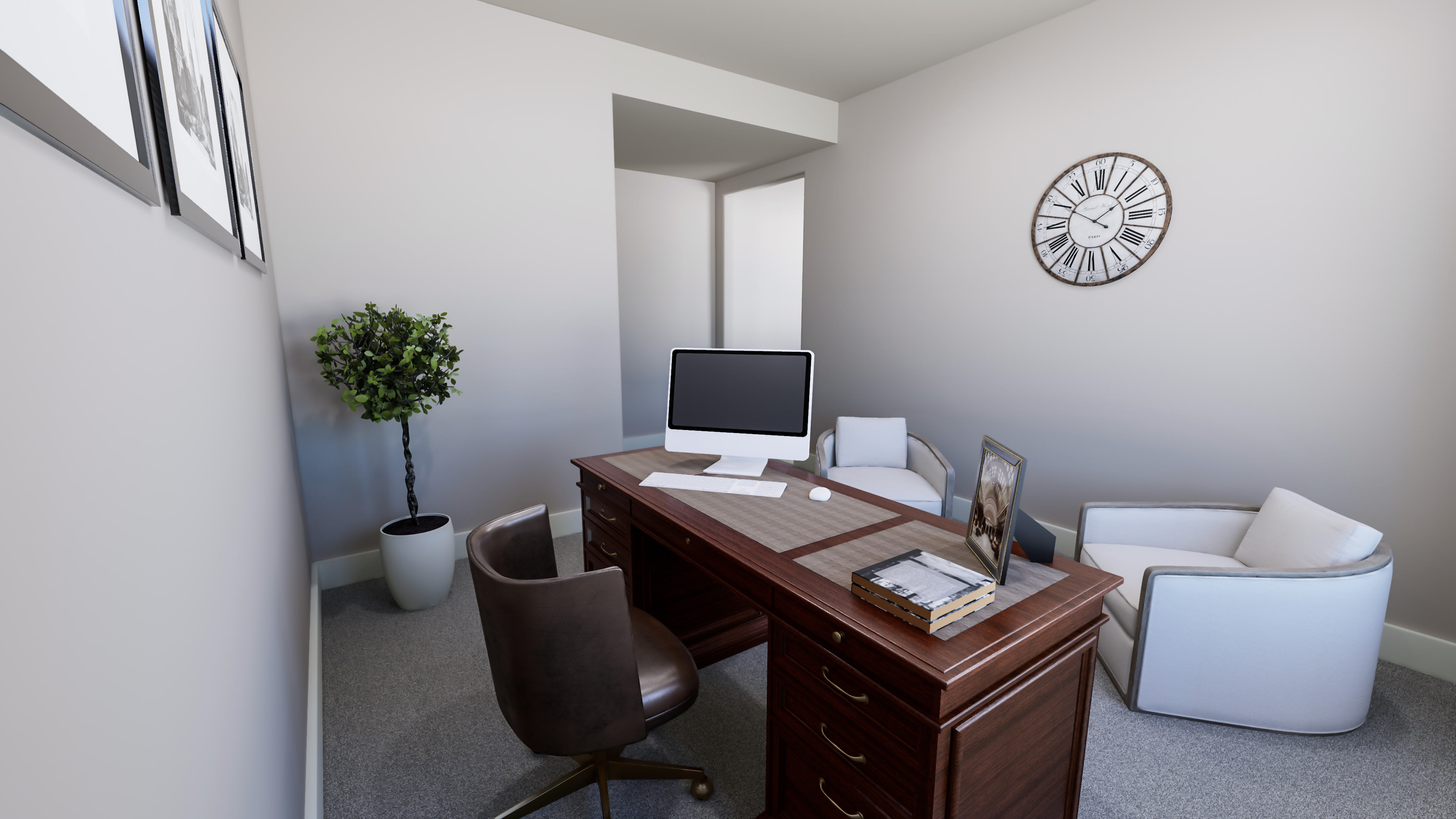 A cozy home office setup with a wooden desk, a computer monitor, and various decorative elements such as a potted plant and a large wall clock.